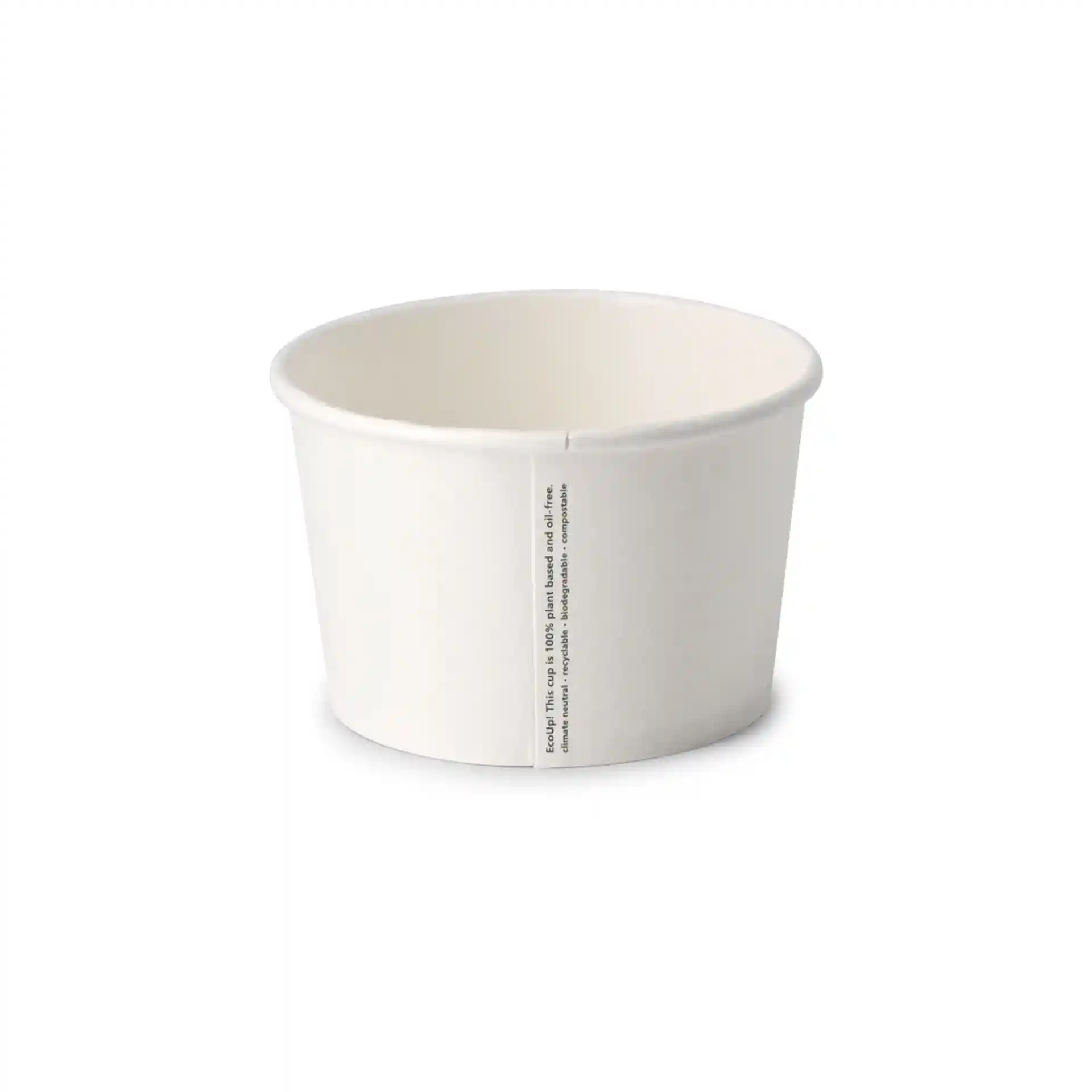 Gobelet rond en carton blanc pour soupe avec un revêtement écologique, capacité de 8 oz et étiquette visible sur le côté.