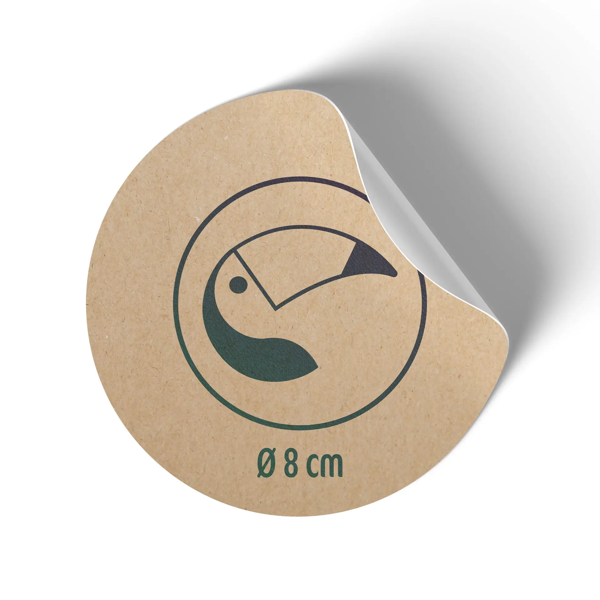 Étiquette ronde mate marron avec un motif d'oiseau, mesurant 8 cm de diamètre, imprimée sur du papier kraft de 70 g.