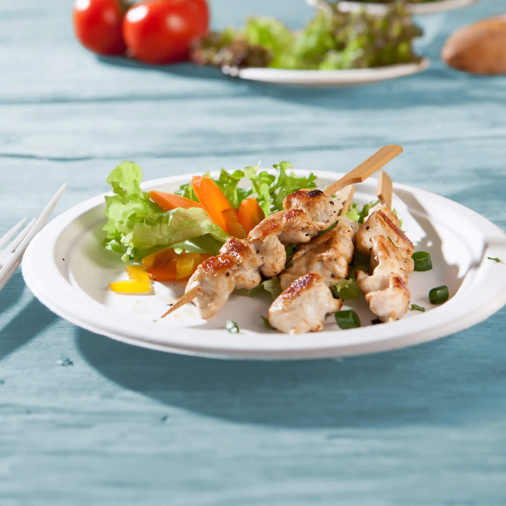 Brochettes de poulet grillées servies sur une assiette ronde en canne à sucre biodégradable avec une salade et des légumes variés.