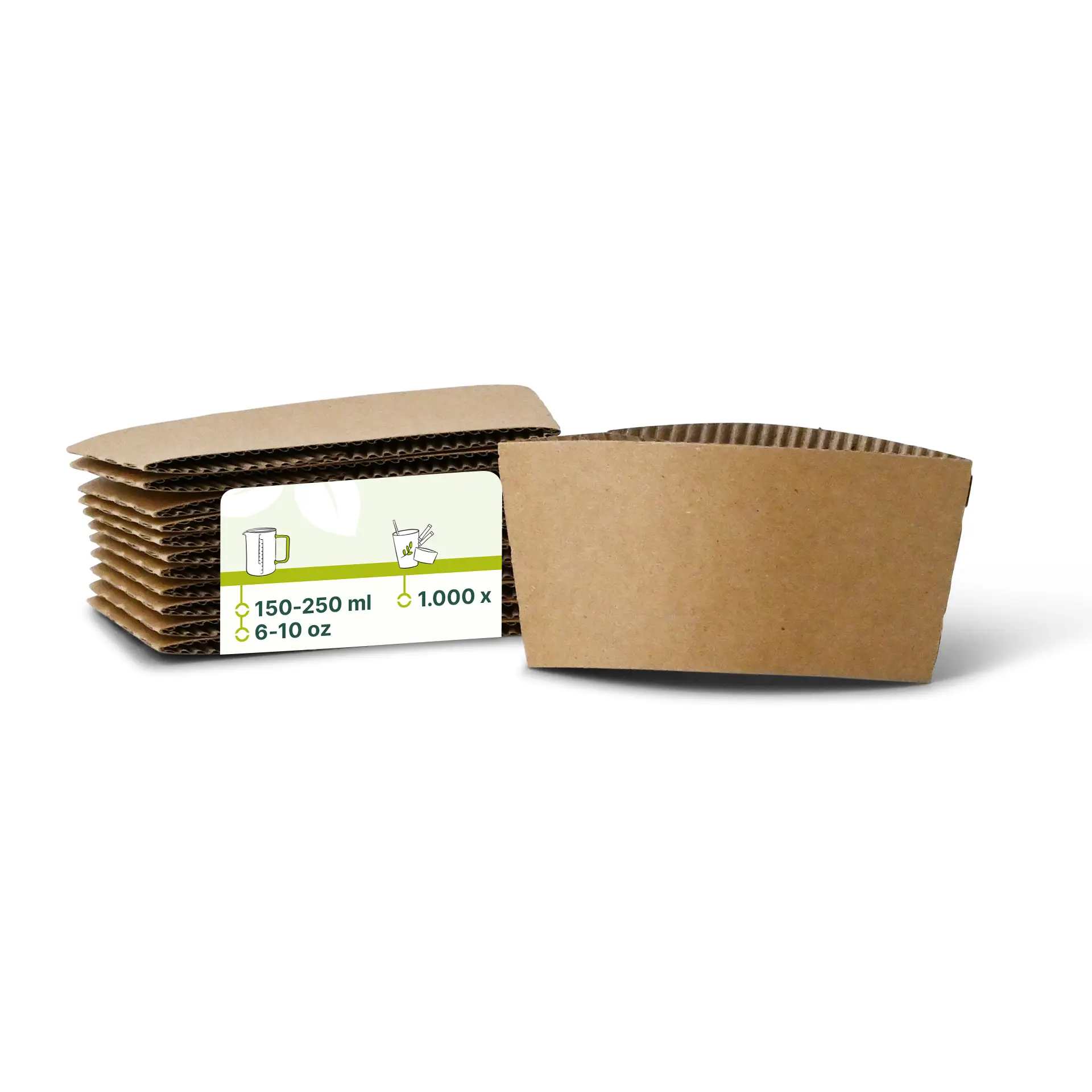 Manchons en carton brun pour gobelets en papier de 150-250 ml, empilés avec un manchon partiellement ouvert.