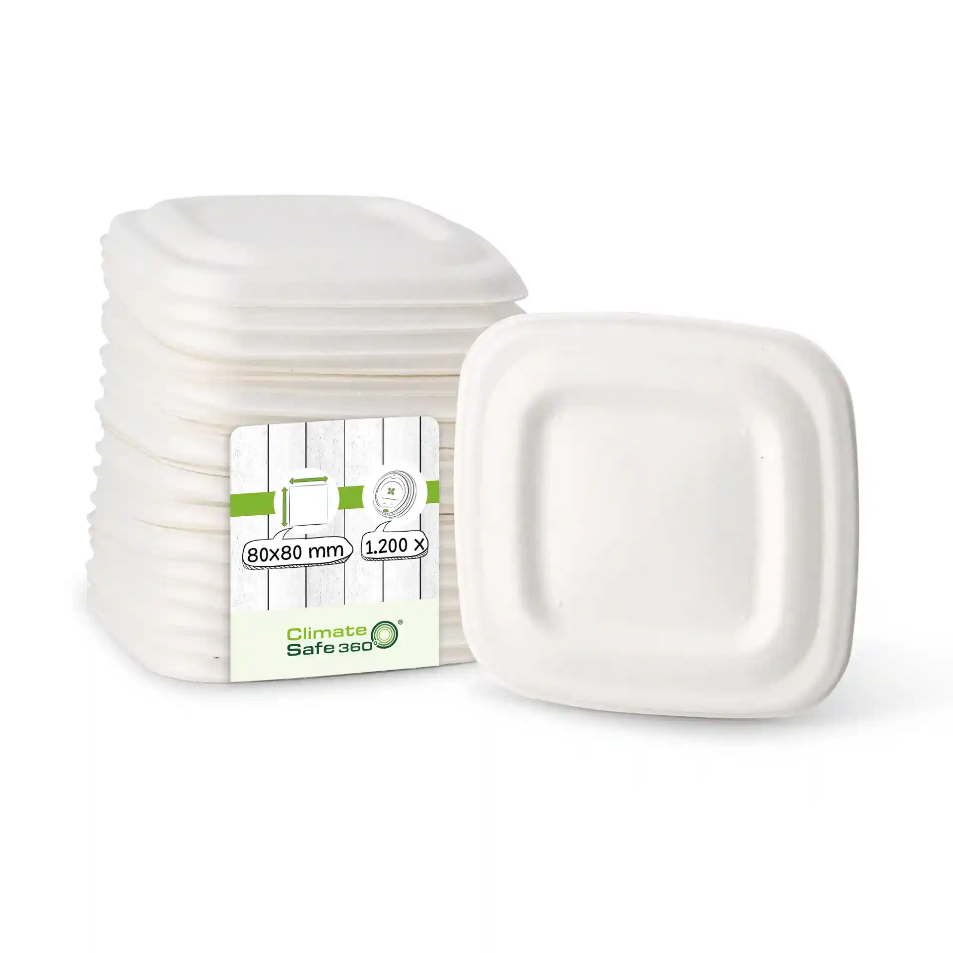 Empilement de couvercles carrés en canne à sucre blancs mesurant 80 x 80 mm, avec un couvercle légèrement incliné pour montrer sa forme.