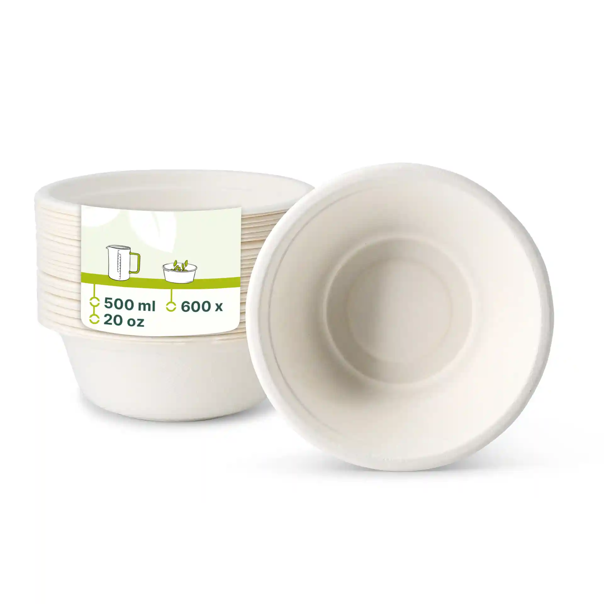Bols ronds blancs en canne à sucre d'une capacité de 500 ml, empilés avec un bol retourné pour montrer l'intérieur.