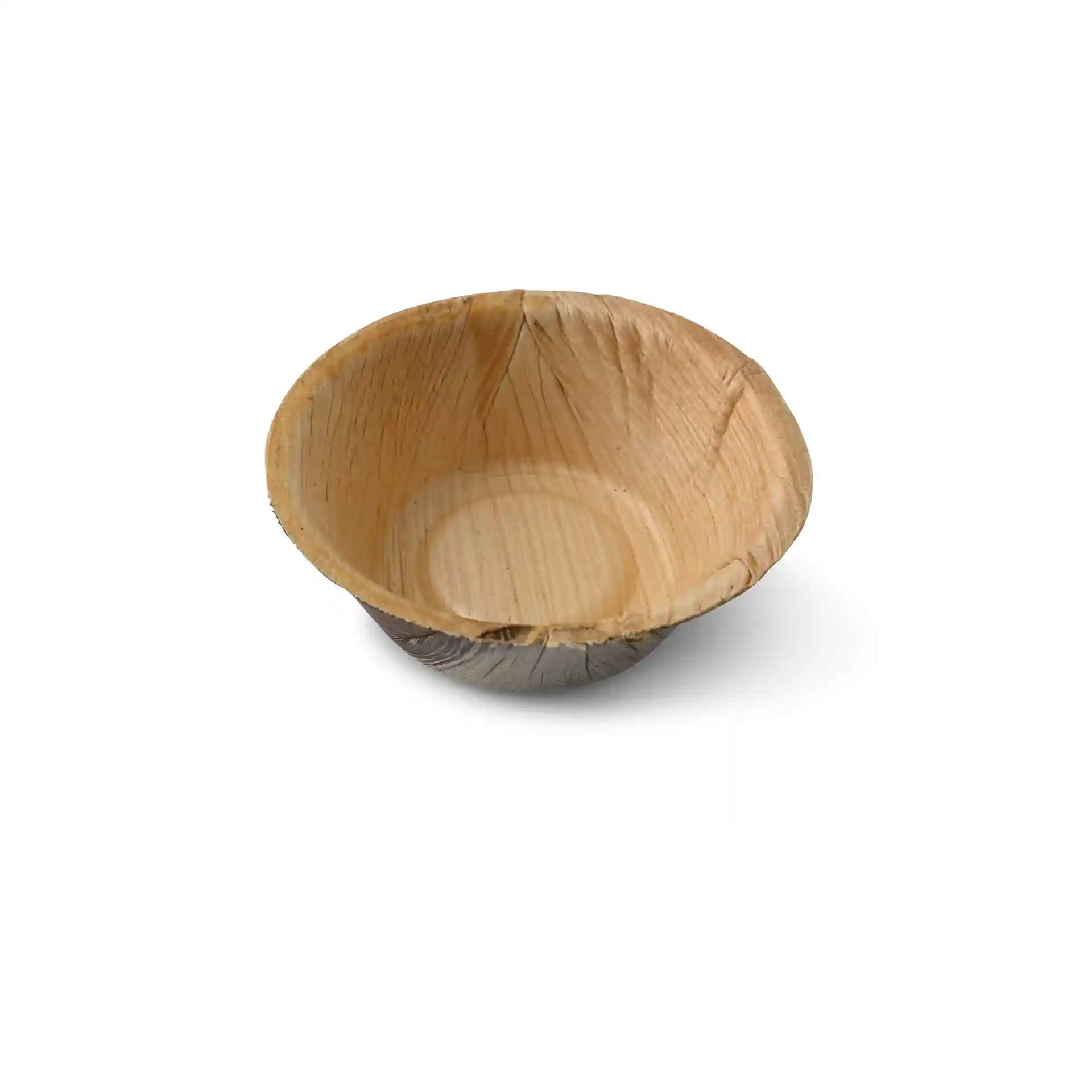 Bol rond en feuille de palmier avec une texture grainée, mesurant 70 mm de diamètre et 25 mm de hauteur.