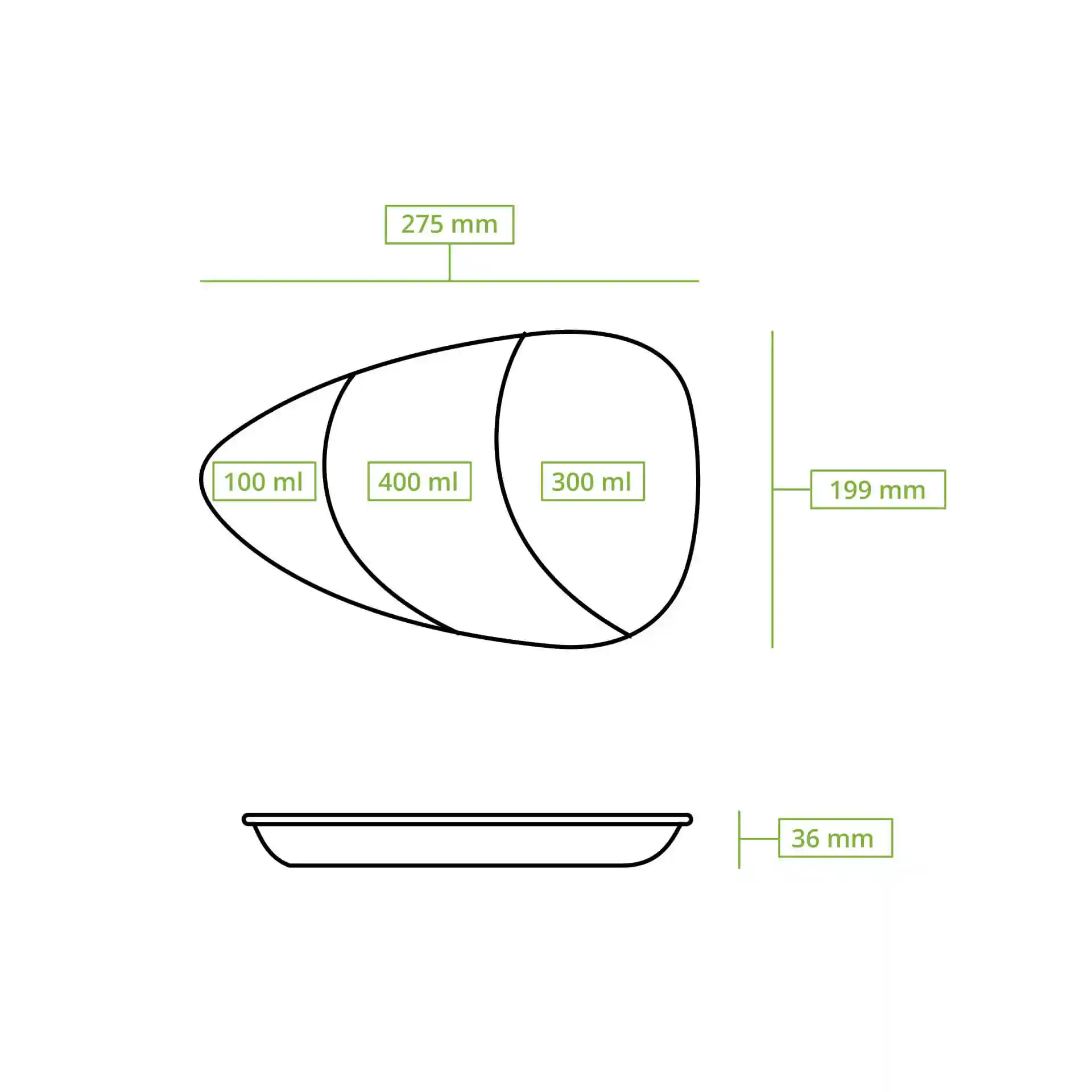 Dessin schématique d'une assiette à trois compartiments avec des dimensions : 275 mm de longueur, 199 mm de largeur et 36 mm de hauteur.