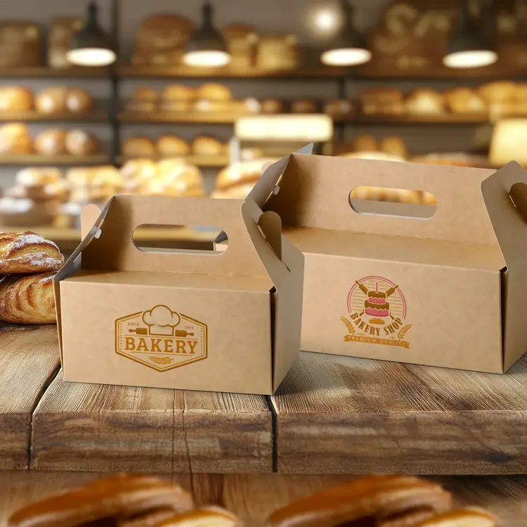 Deux boîtes de boulangerie avec poignées, l'une étiquetée "BOULANGERIE" et l'autre "MAGASIN DE BOULANGERIE", sur une surface en bois avec des pâtisseries en arrière-plan.