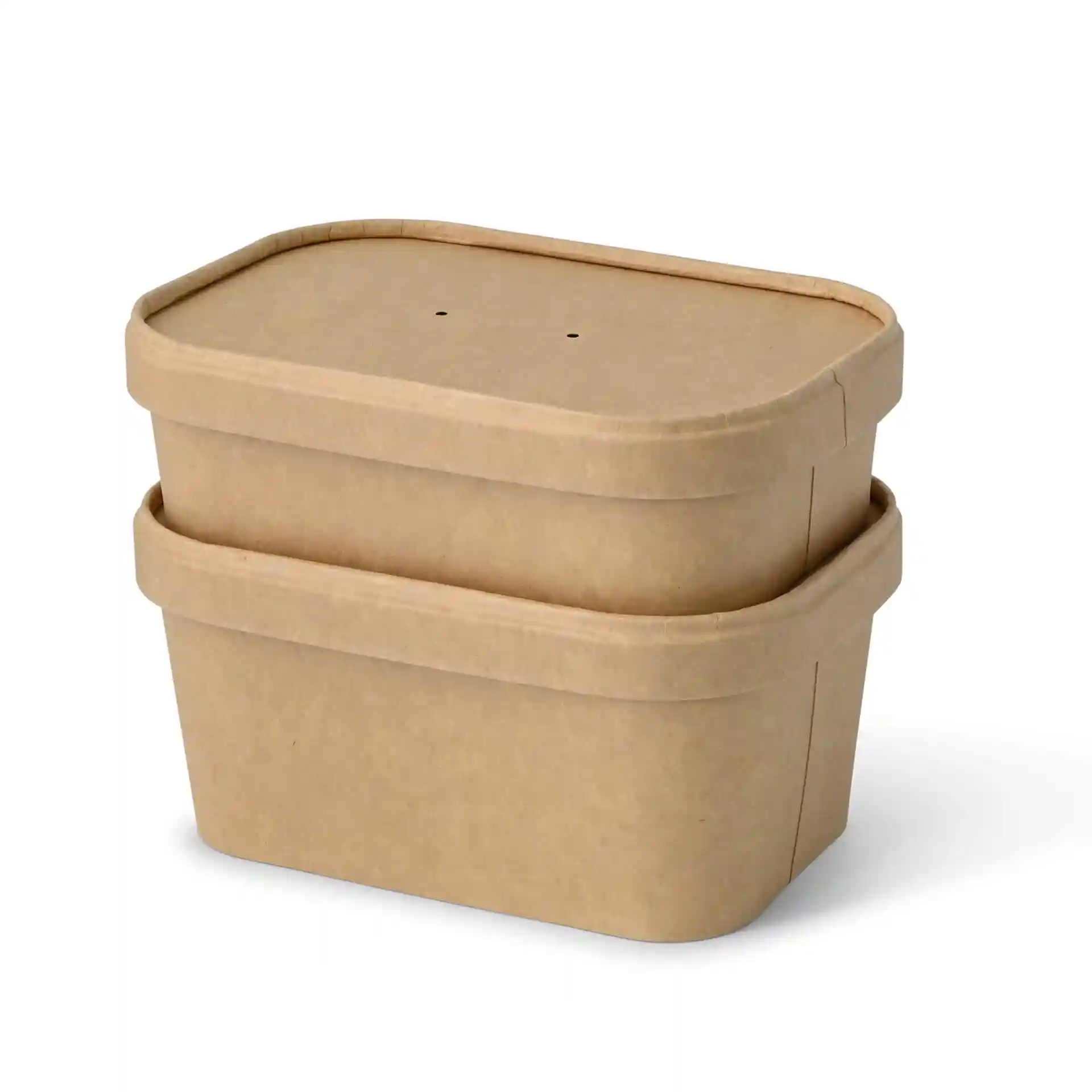 Conteneurs en carton rectangulaires bruns avec couvercles, empilés, montrant deux trous sur le dessus du conteneur supérieur.