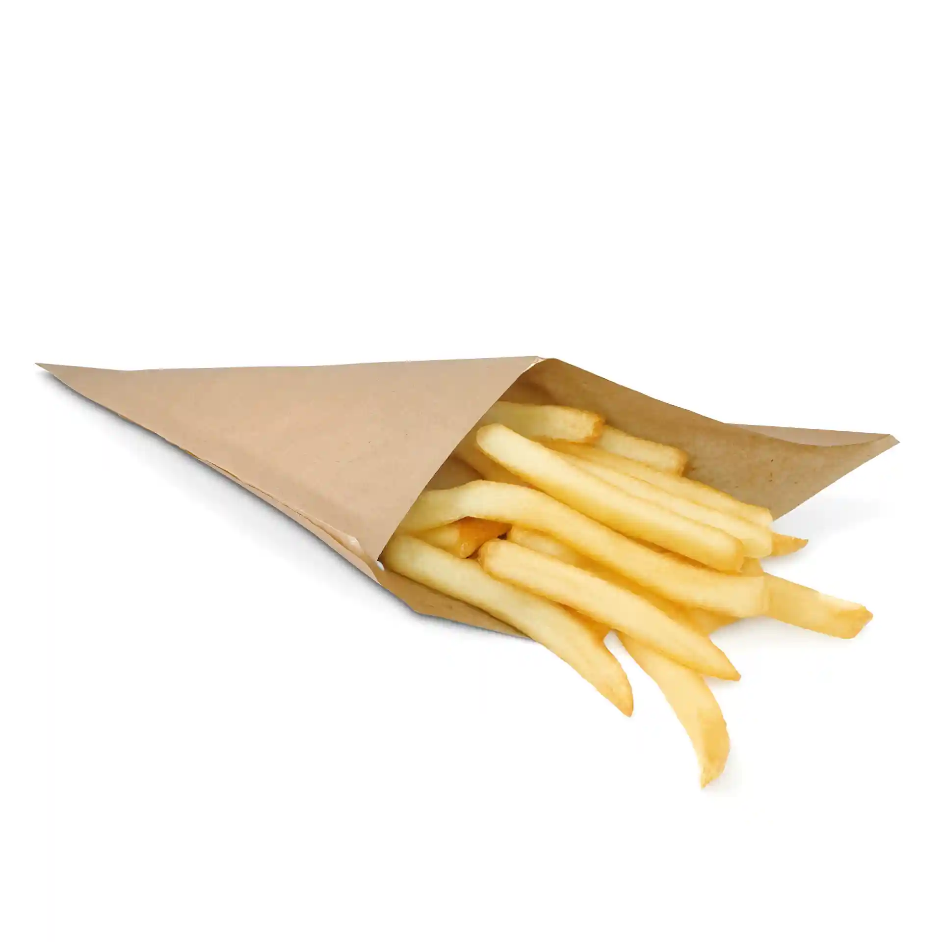 Sac en papier brun rempli de frites, mesurant 23 cm par 23 cm, avec une finition anti-graisse.