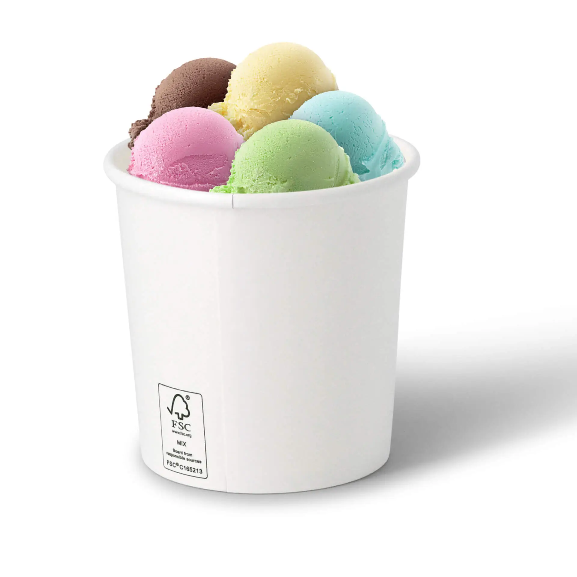 Six boules de glace colorées dans un tub en papier biodégradable blanc avec barrière à base d'eau et certification FSC.