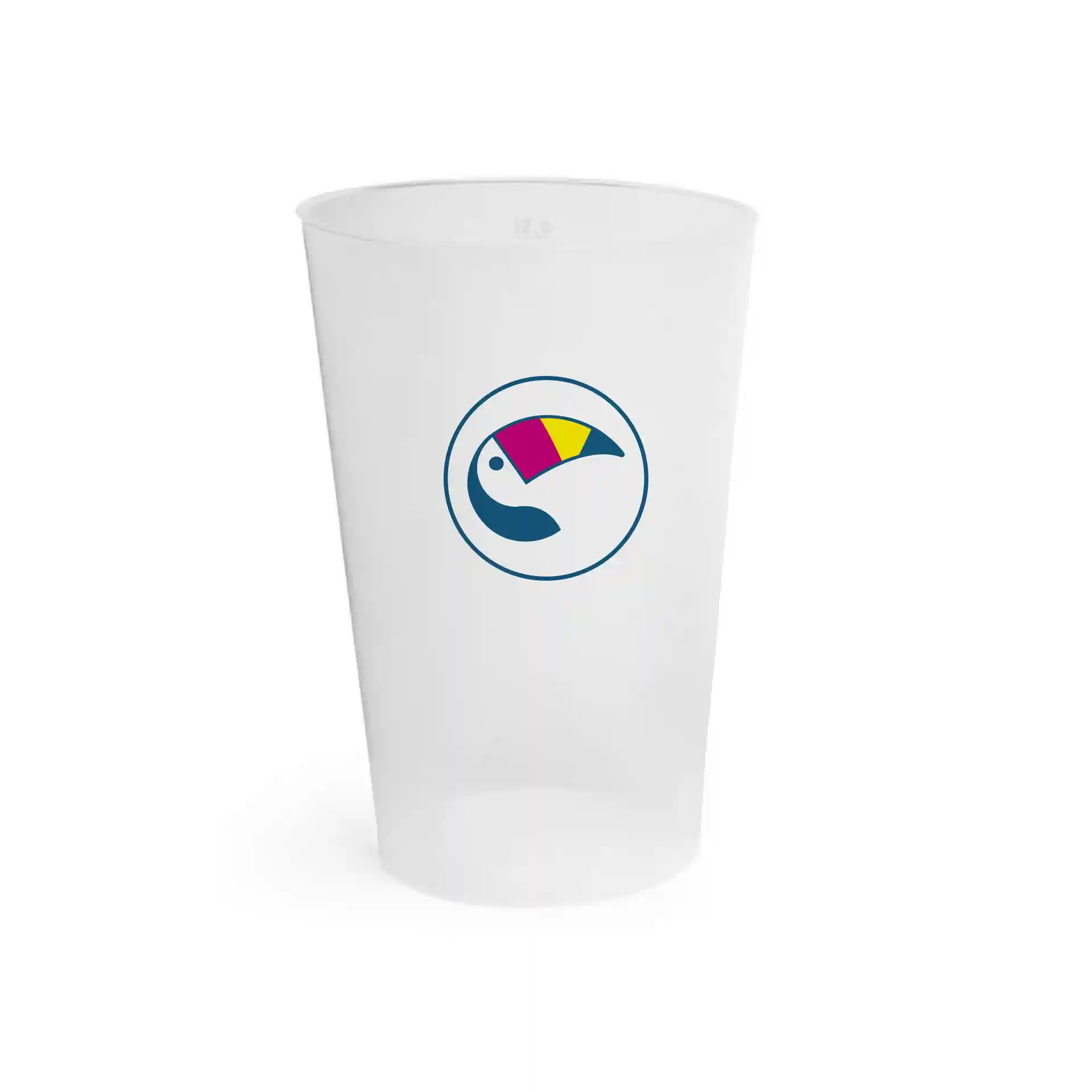 Gobelet réutilisable transparent avec logo, capacité de 500 ml, forme ronde et design imprimé numérique.