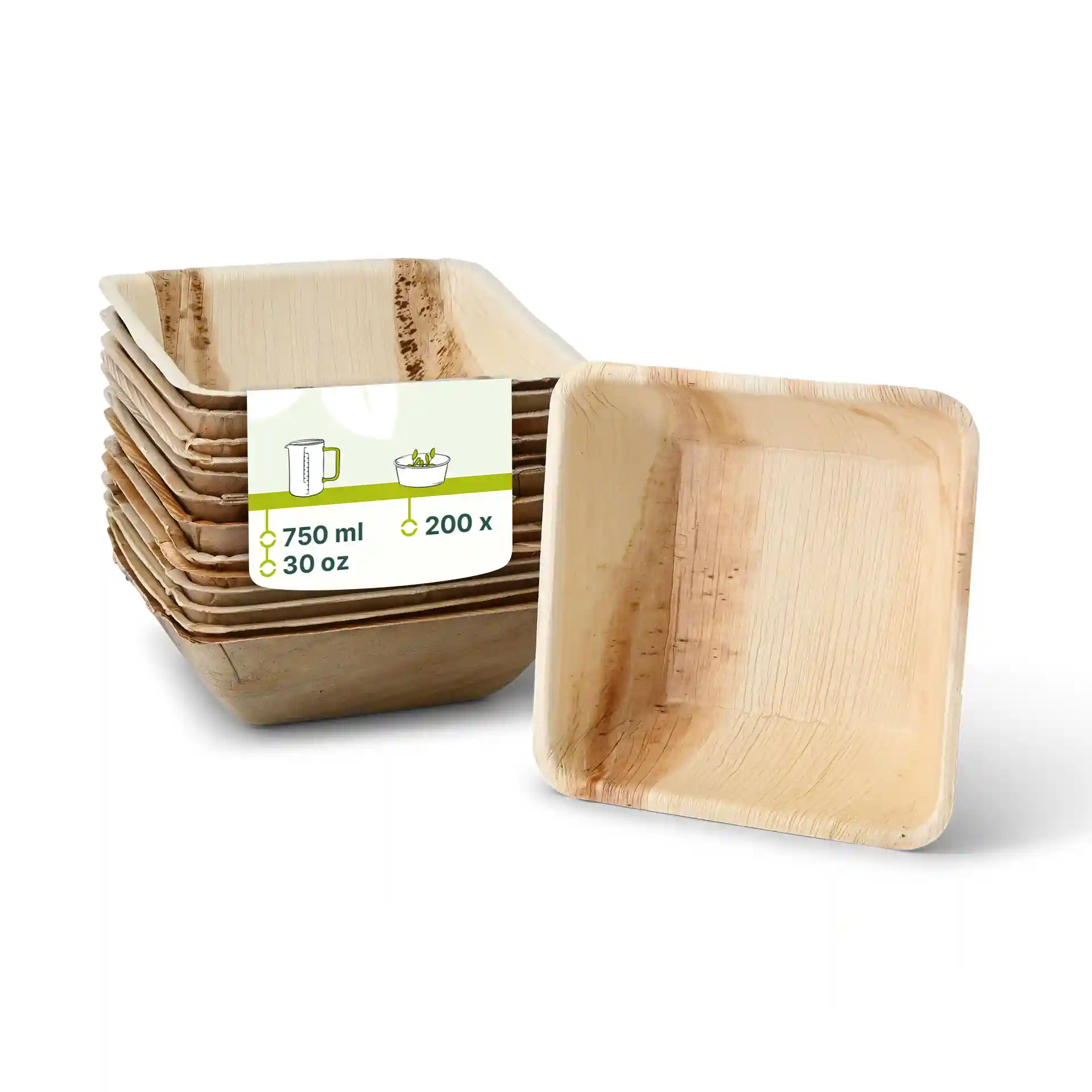Empilement de bols carrés en feuille de palmier, un bol affiché montrant une texture de grain naturel et une étiquette avec les détails du produit.