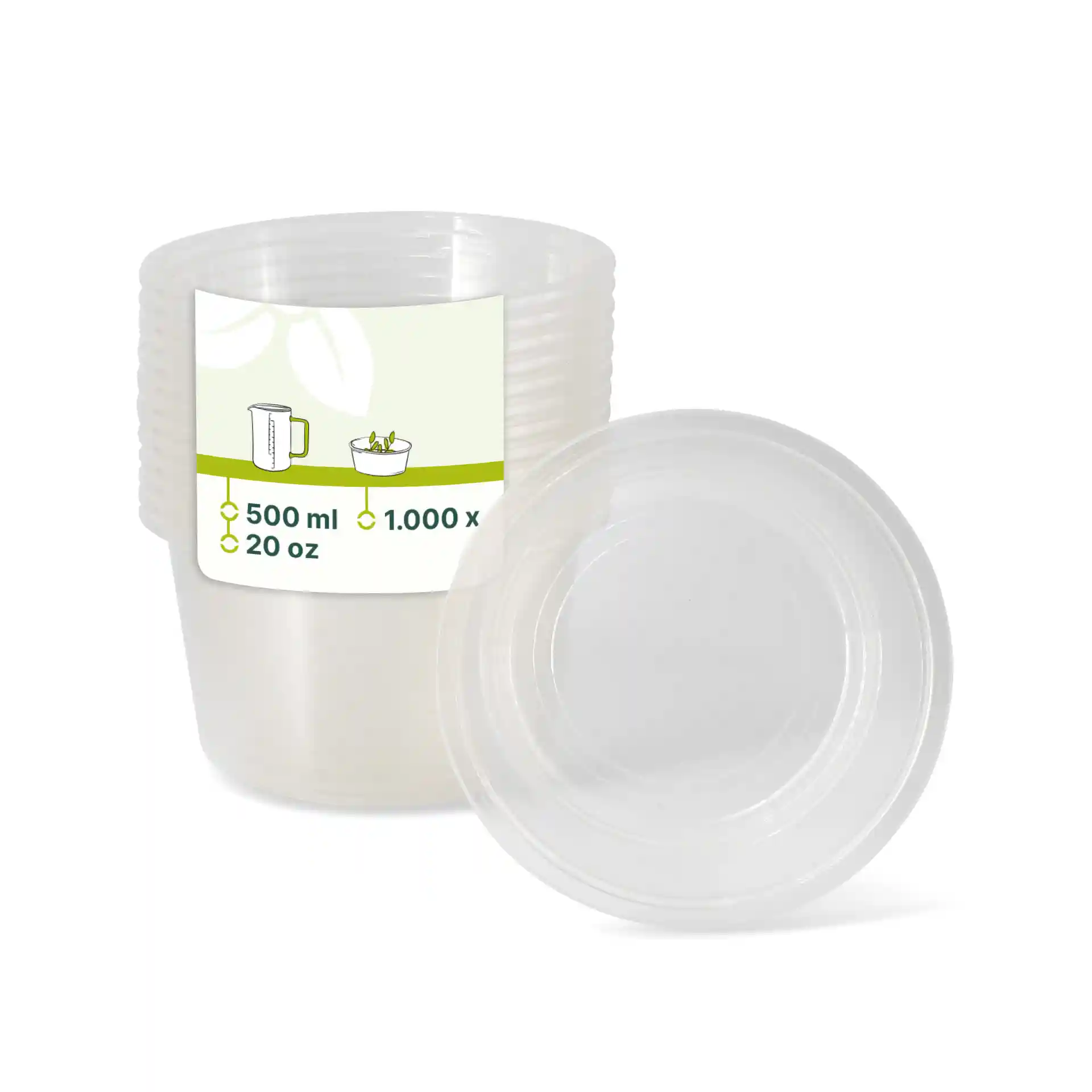 Conteneur rond transparent de 500 ml, présenté avec plusieurs empilés et un sur le côté.