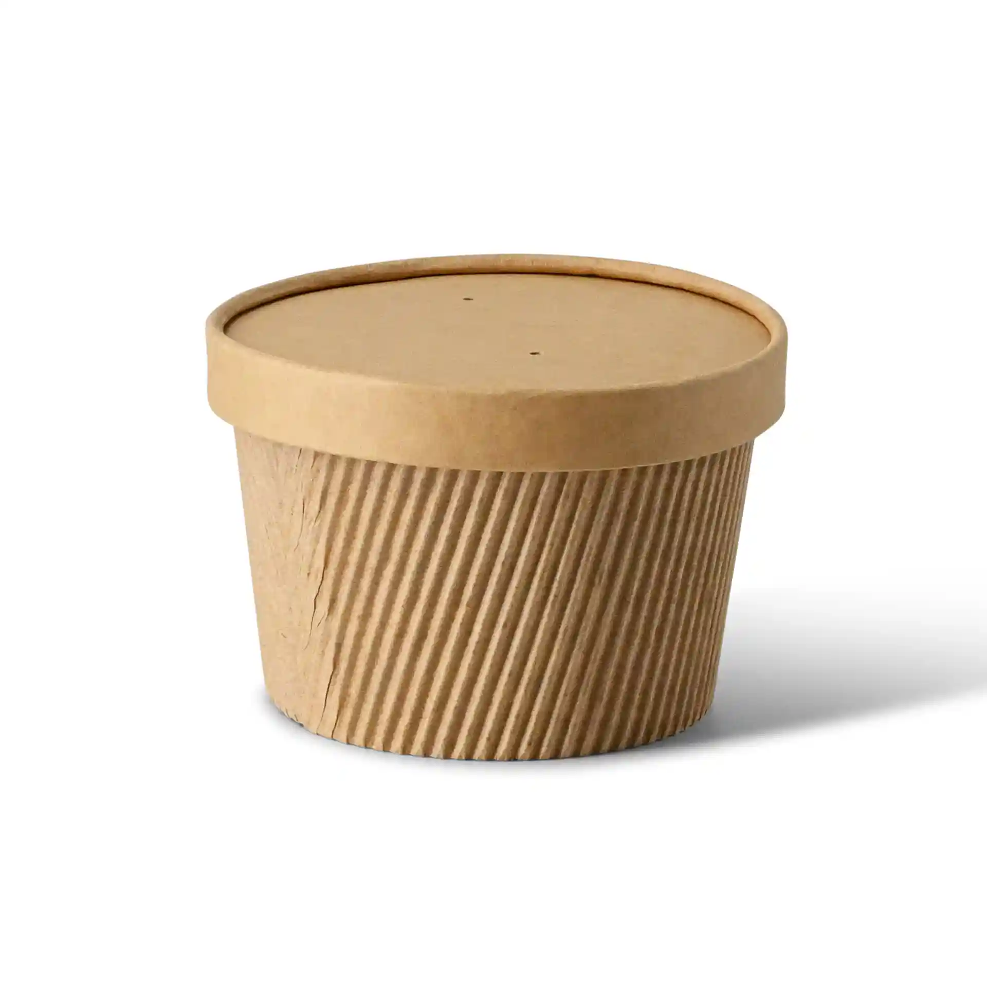 Conteneur rond en carton brun avec un couvercle, présentant une texture nervurée et deux petits trous sur le dessus.