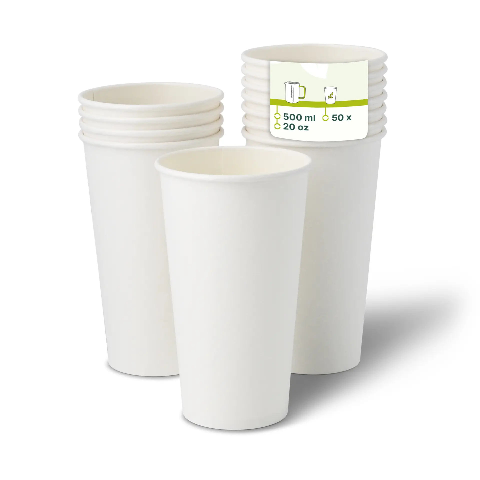 Gobelets en papier blancs empilés, avec une étiquette indiquant une capacité de 500 ml et une quantité de 50 gobelets.