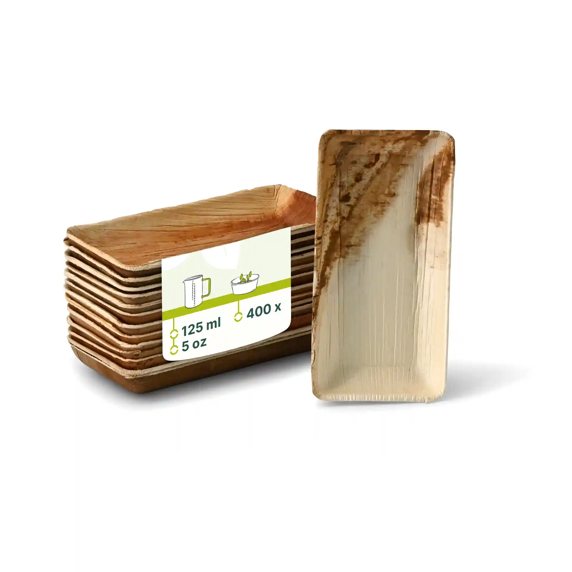 Empilement de bols en feuilles de palmier avec un bol affiché, montrant une forme rectangulaire et une couleur de grain naturel.