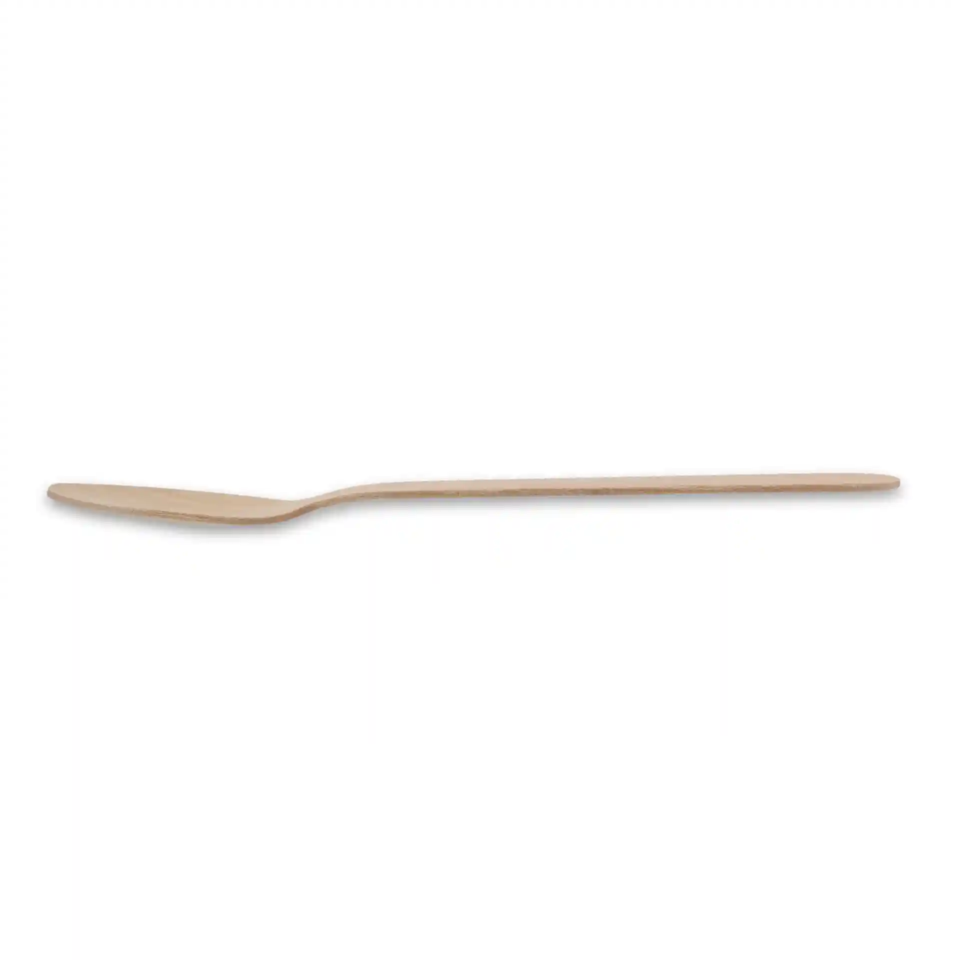 Petite cuillère en bois, 14 cm de long, de couleur marron et avec une surface lisse.
