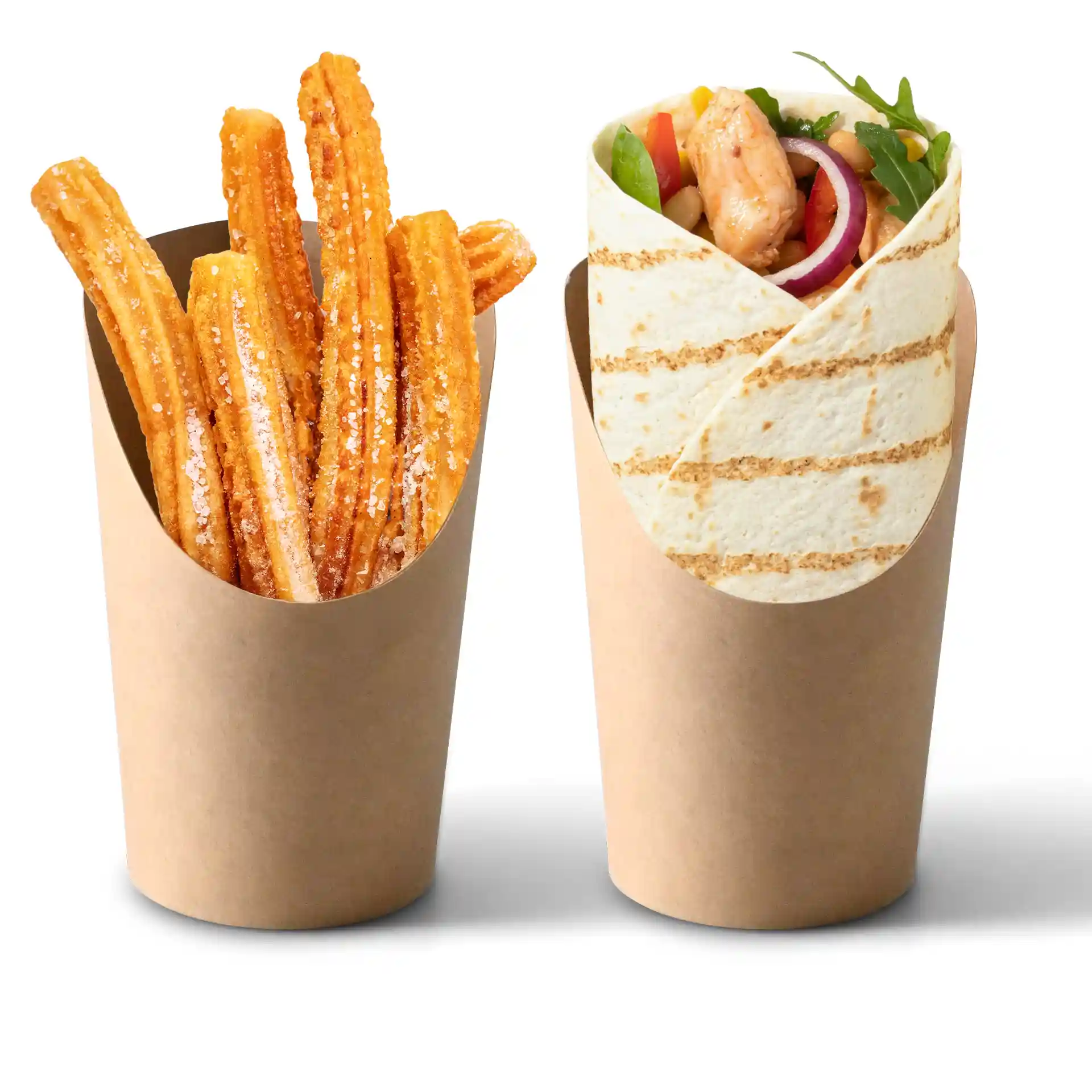 Image montrant deux gobelets en carton marron : l'un rempli de churros et l'autre avec une tortilla emballée contenant des garnitures.