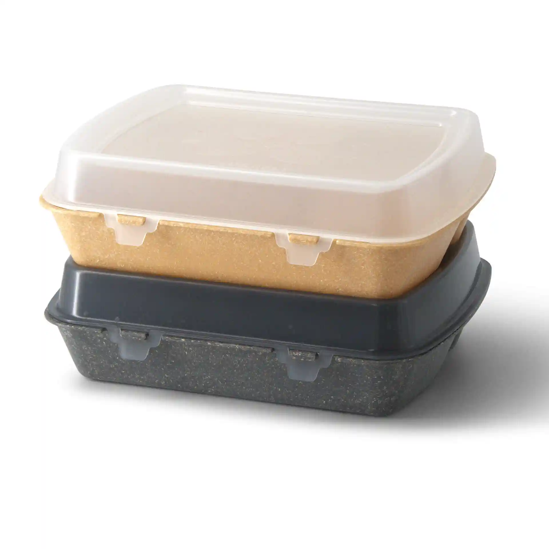 Contenants alimentaires réutilisables empilés en caramel et marron, avec un couvercle transparent en haut et une base foncée en bas.