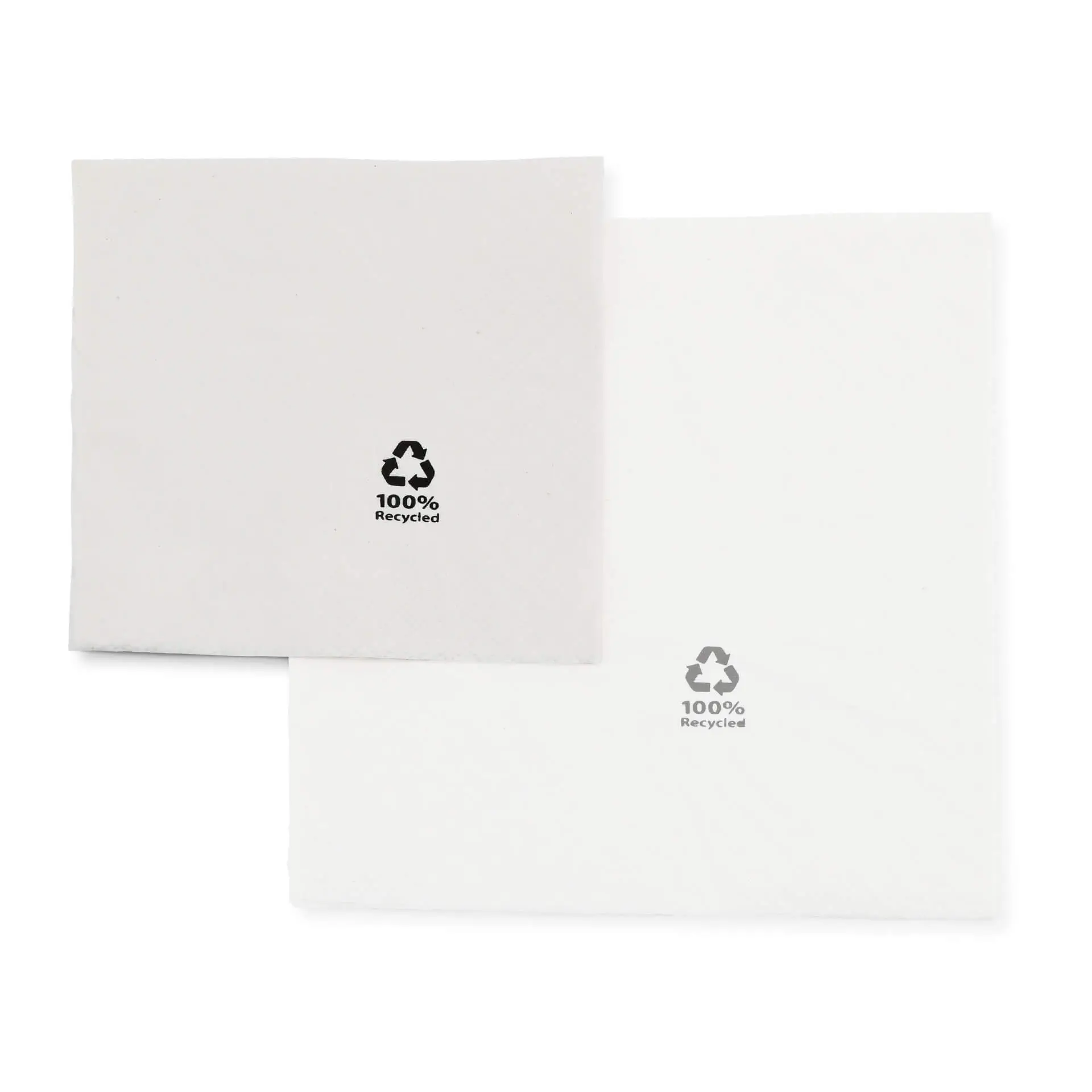 Serviette de cocktail carrée blanche, 24 x 24 cm, 2 épaisseurs, fabriquée en papier recyclé ; mise en page avec dimensions indiquées.