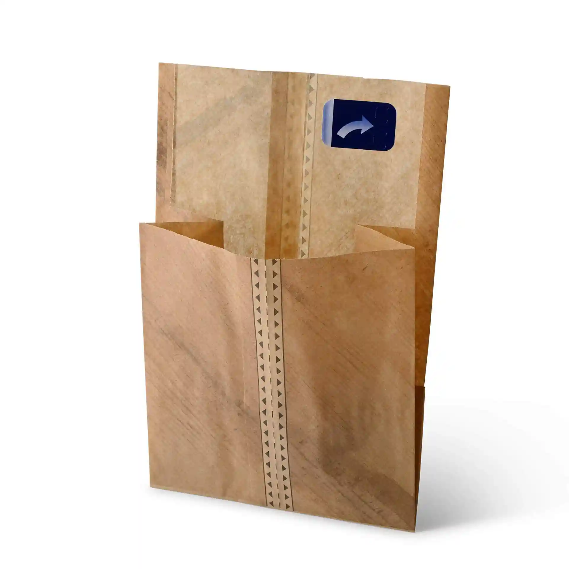 Sac à burger en papier kraft avec fermeture adhésive, dimensions 15 x 16,5 x 8,5 cm, avec un design imprimé.