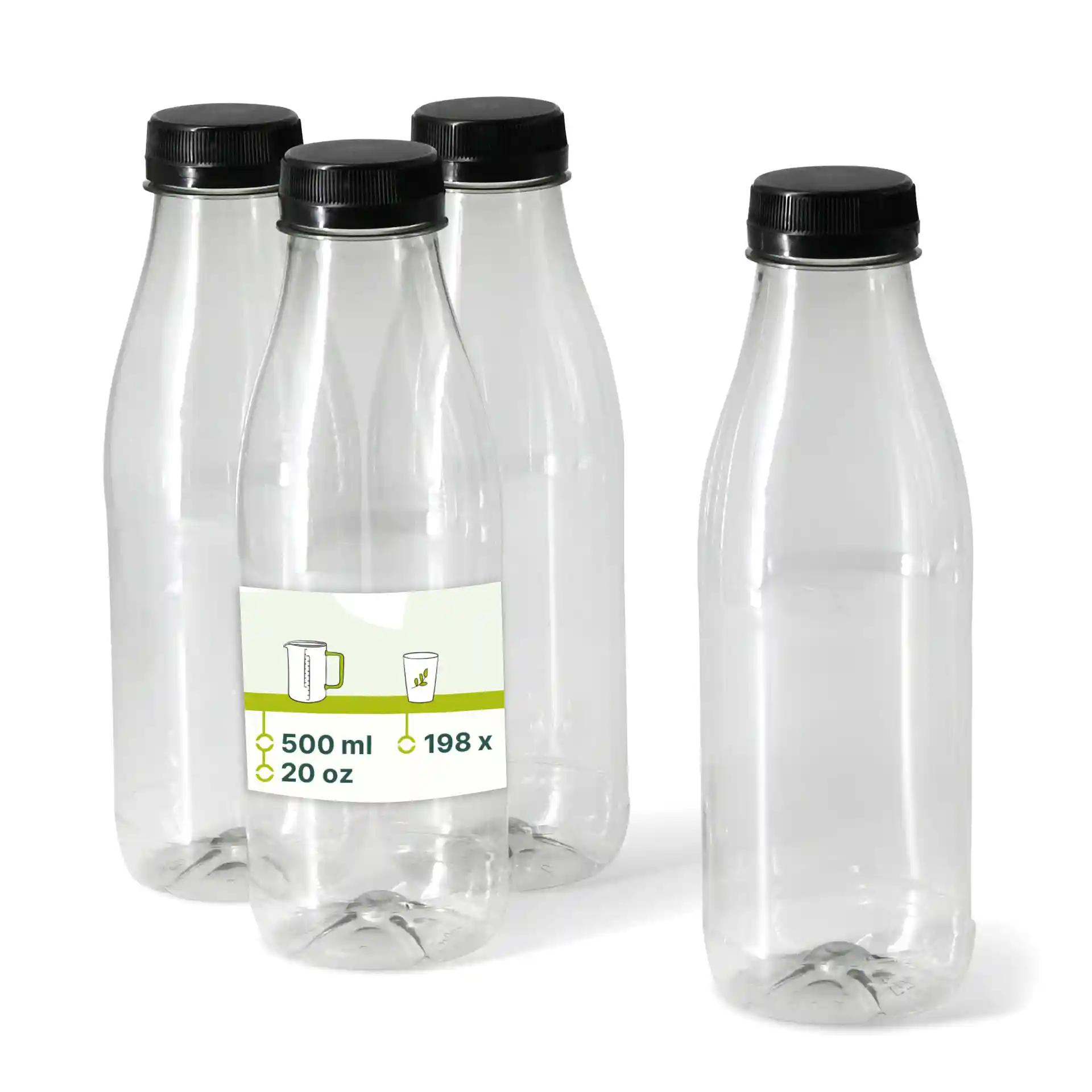 Bouteilles rPET transparentes avec couvercles noirs, capacité de 500 ml, présentées en groupe de quatre.