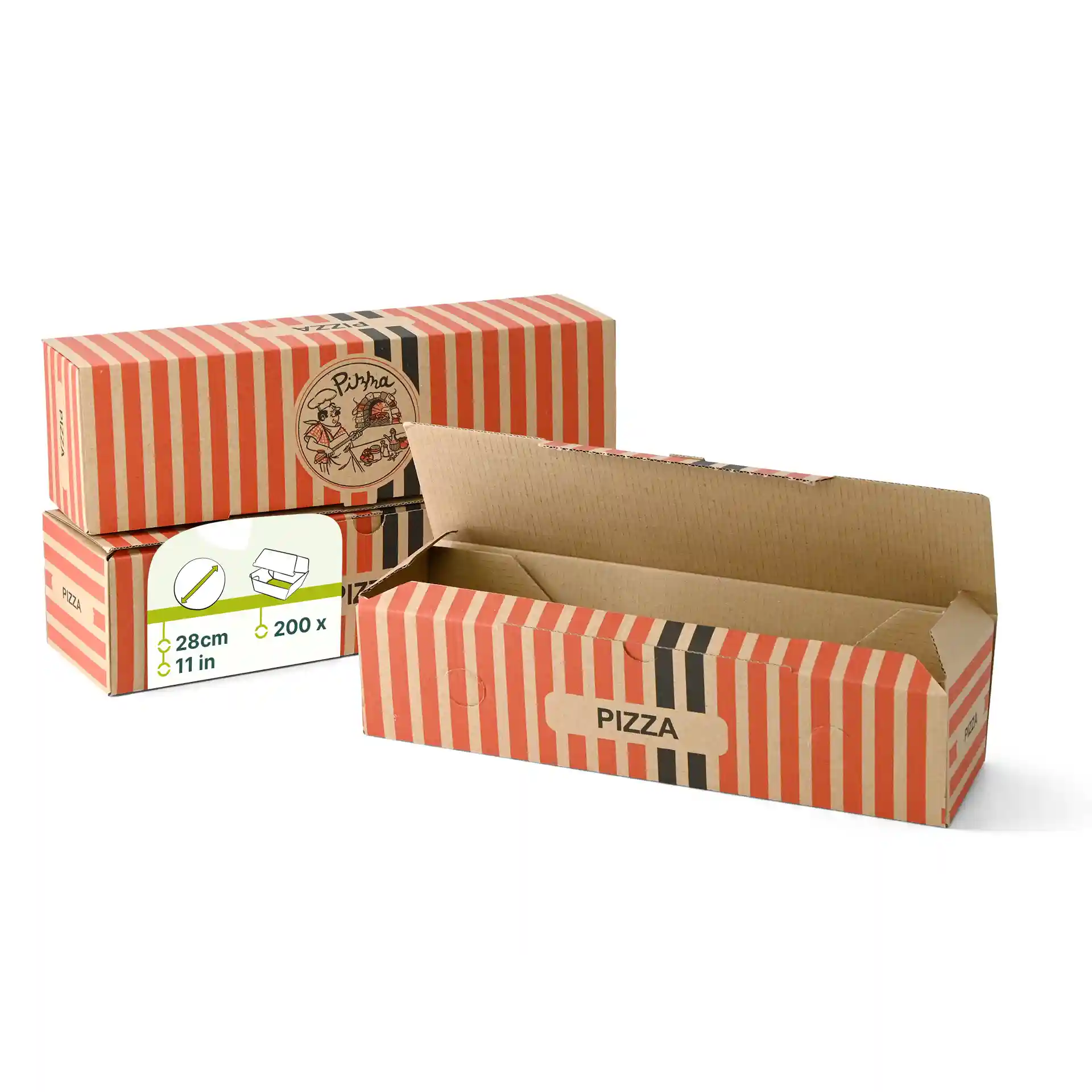 Boîte à pizza en carton avec des rayures rouges et blanches, présentant un design de chef de pizza et un dessus ouvert.