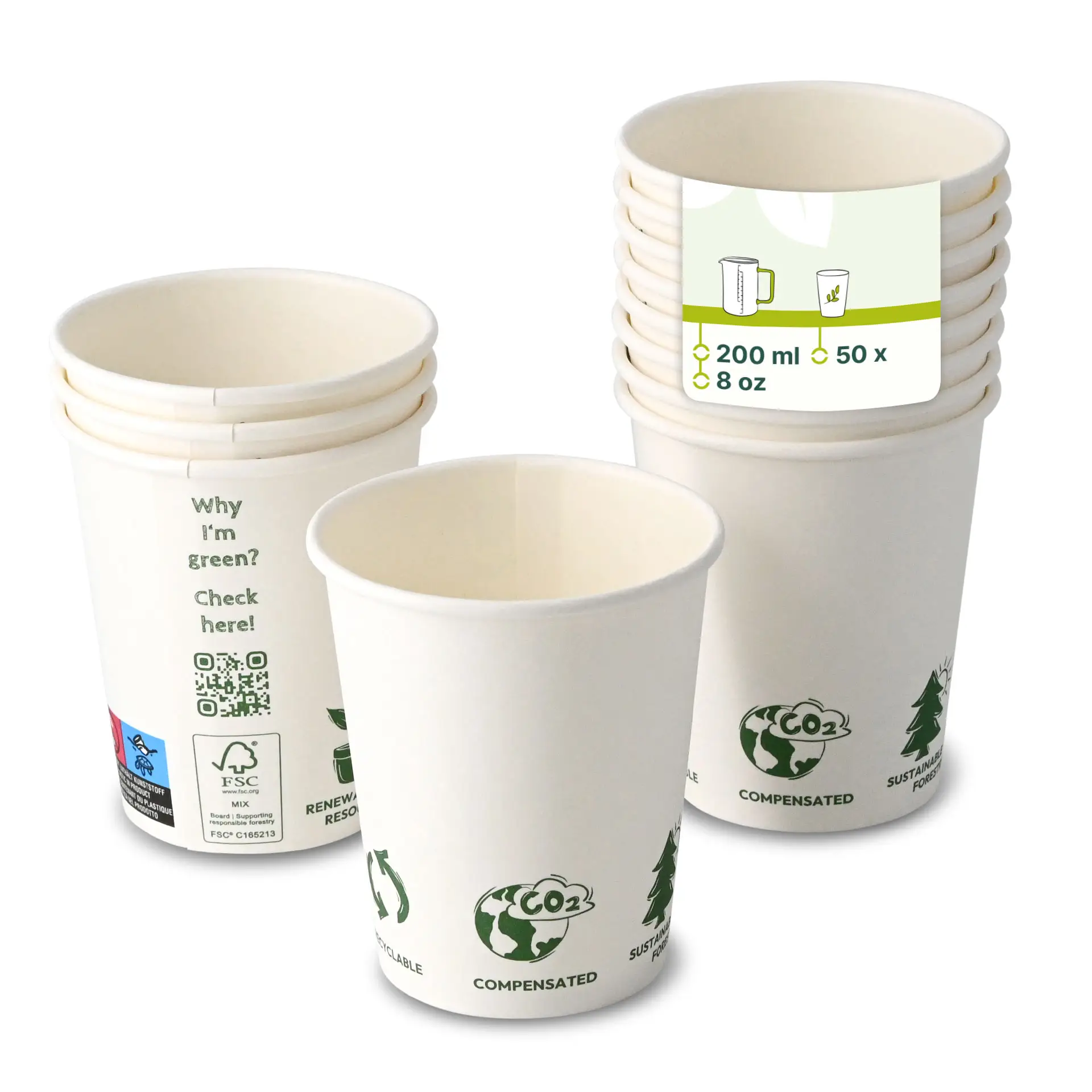 Gobelet en carton 200 ml / 8 oz, Ø 80 mm, avec pictogrammes "EcoUp©", simple paroi, blanc, revêtement en PLA