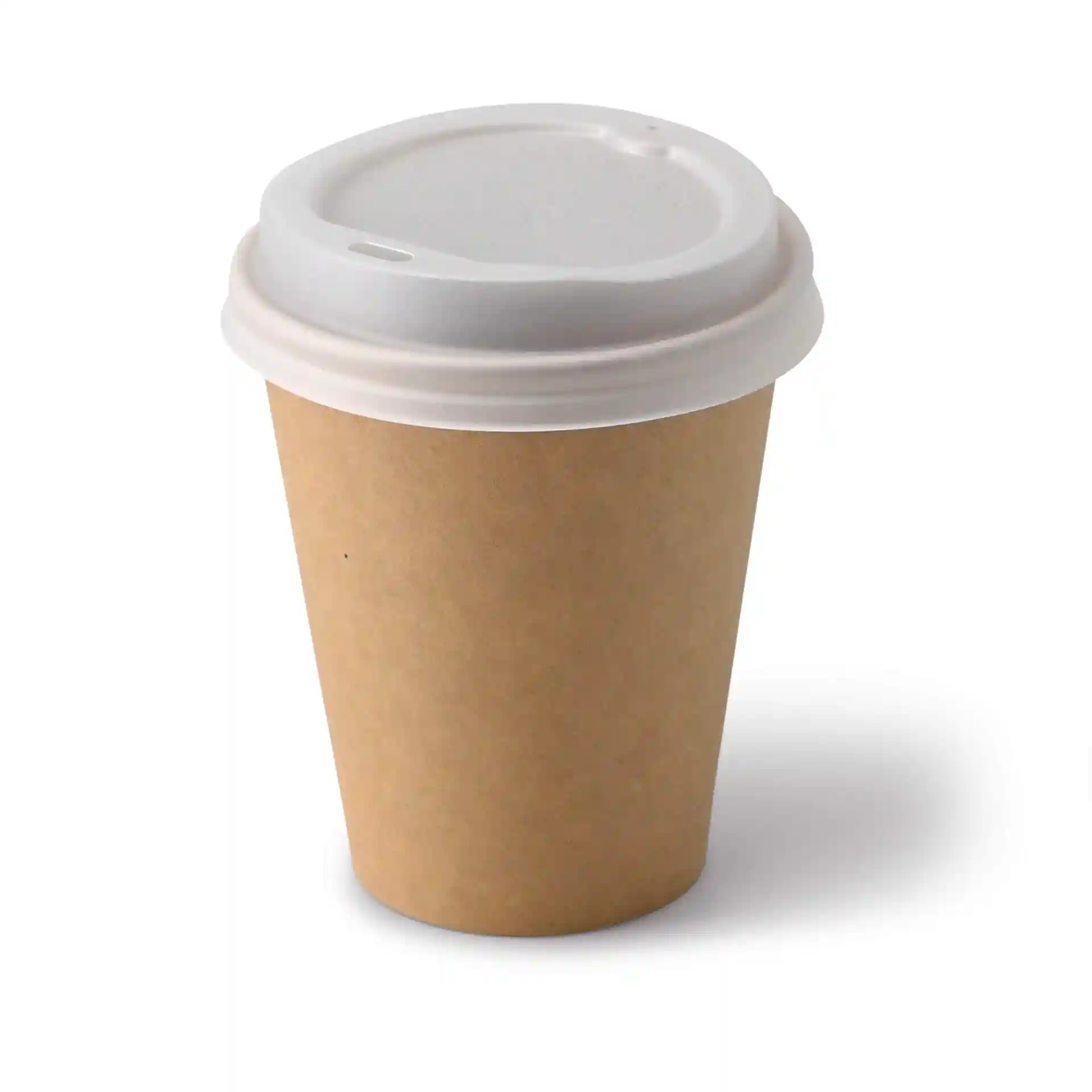 Gobelet en papier brun avec un couvercle blanc, forme ronde, capacité de 10 oz, en carton.