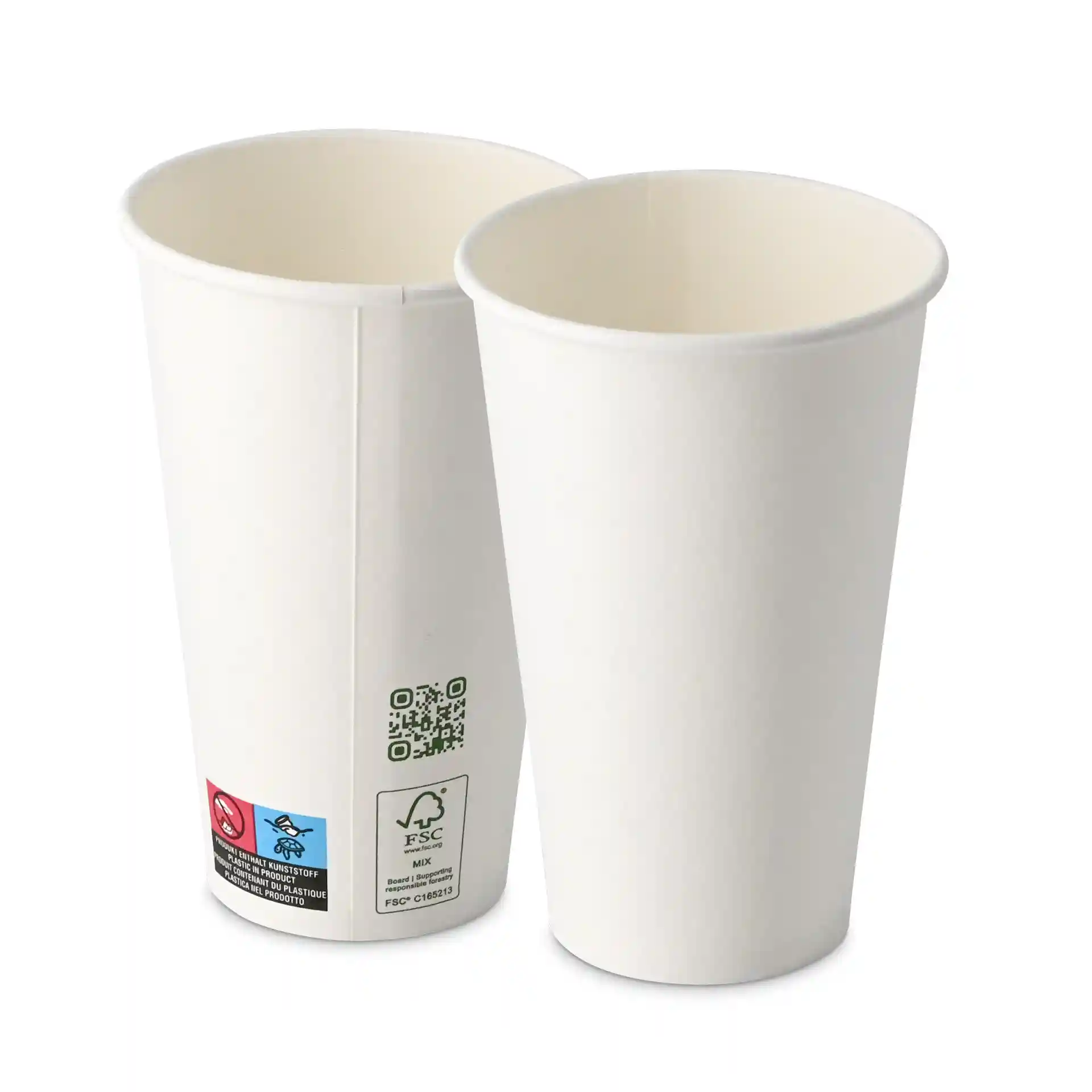 Deux gobelets en papier blancs, capacité de 400 ml, simple paroi, d'un diamètre de 90 mm, vus de côté.