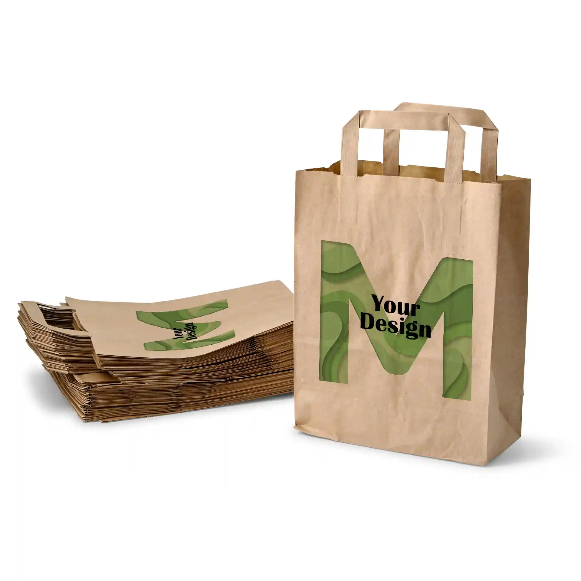 Sac en papier brun de forme rectangulaire, avec un design comportant la lettre 'M' et la phrase 'Votre Design'.
