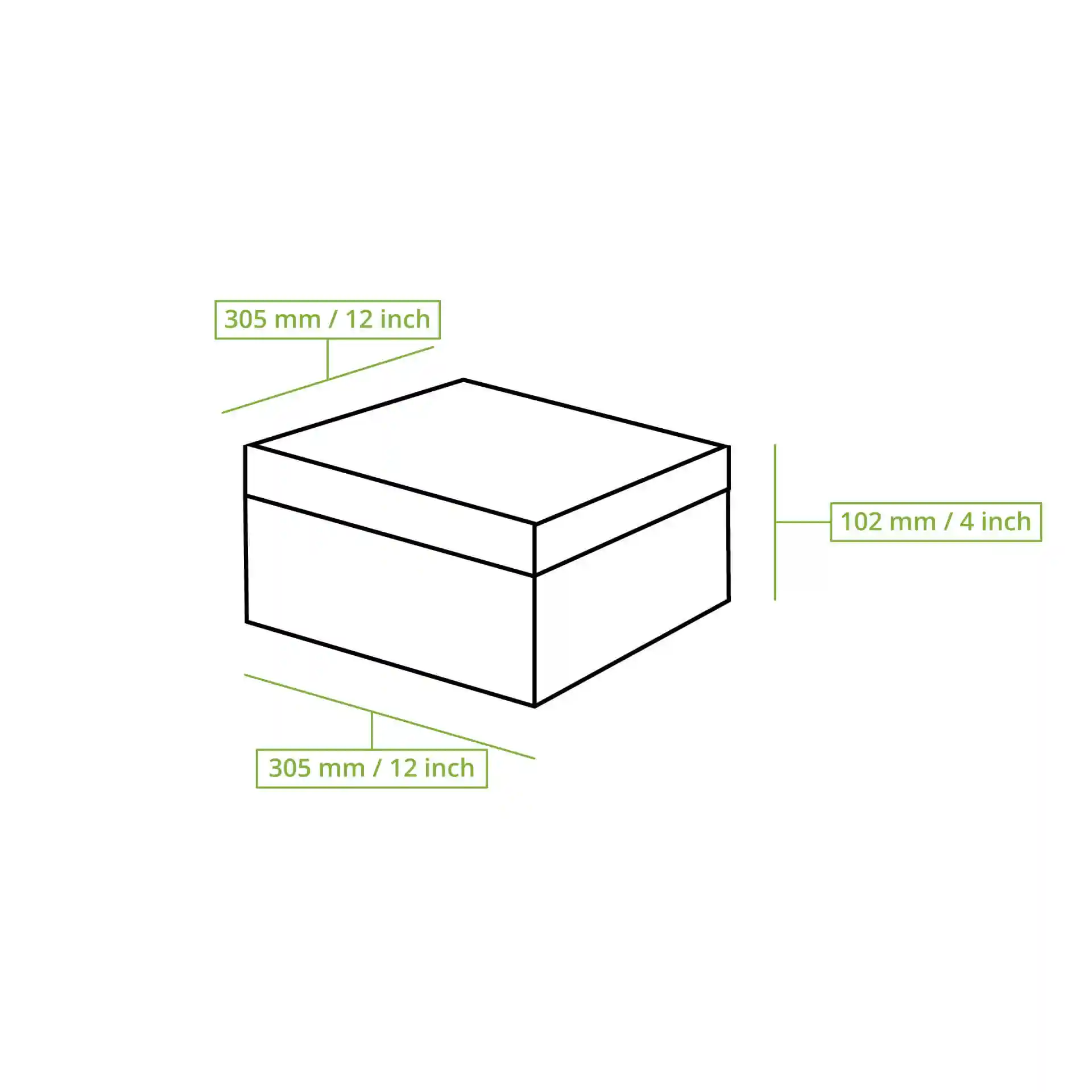 Dessin schématique d'une boîte à gâteau carrée avec des dimensions de 305 mm par 305 mm par 102 mm.