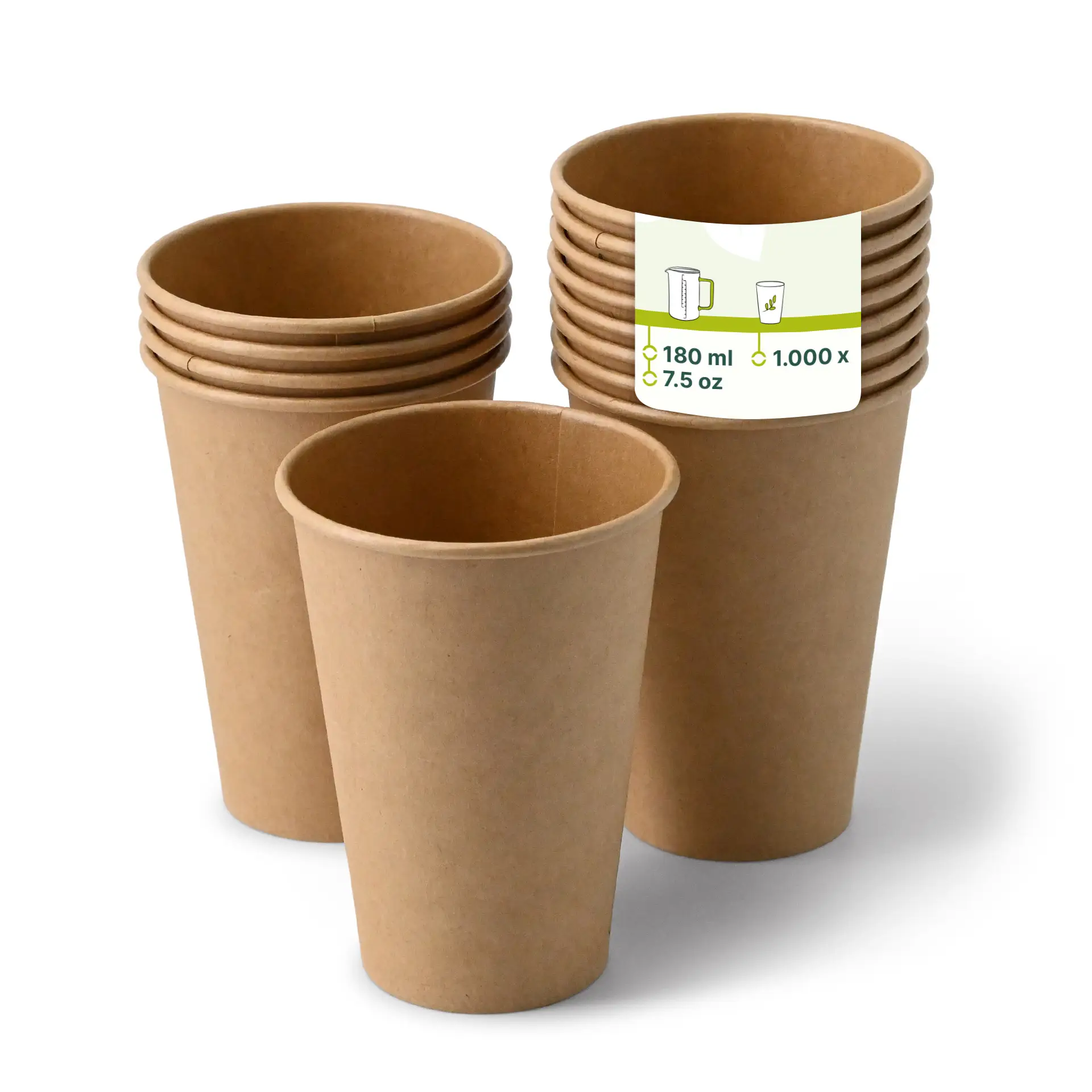 Gobelets en papier brun pour distributeurs automatiques, taille 7,5 oz ; comprend une pile de gobelets avec une étiquette indiquant le revêtement PE.