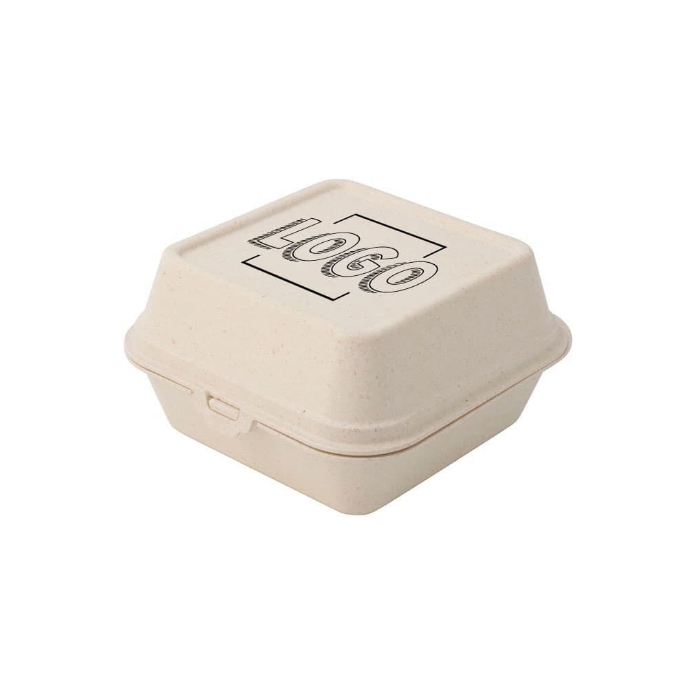 Mehrweg-Burger-Boxen "Häppy Box" 16 x 15 x 8,5 cm, Cashew / creme-weiß, Individualdruck (1 Fläche)