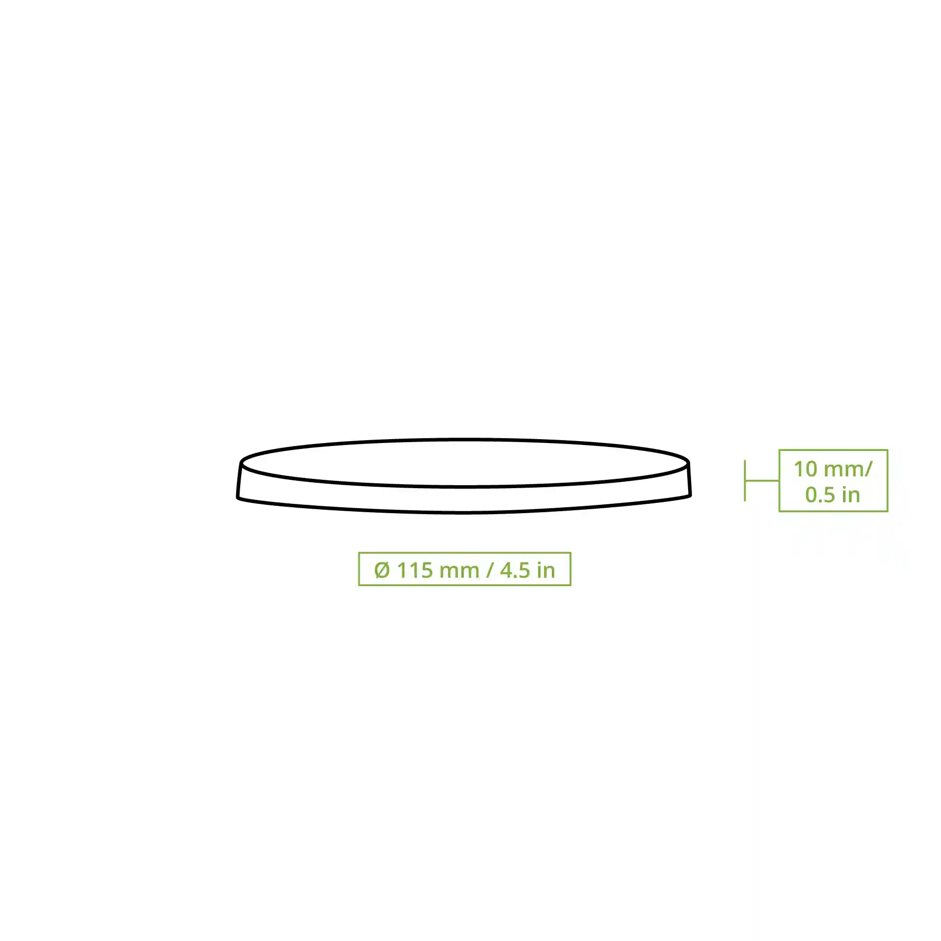 Dessin schématique d'un couvercle rond plat de 115 mm de diamètre et 10 mm de hauteur.