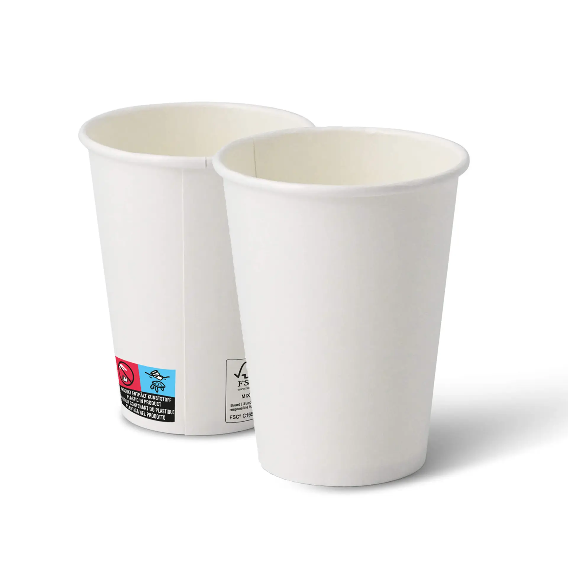 Deux gobelets en papier blanc de 12 oz au design classique ; un gobelet montre des étiquettes avec des marquages.