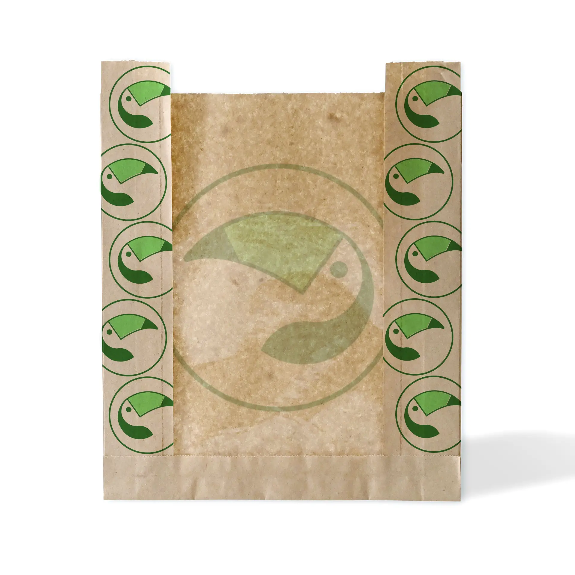 Sac en papier imprimé avec fenêtre en PLA; présente des logos circulaires verts; design biodégradable et sans plastique.