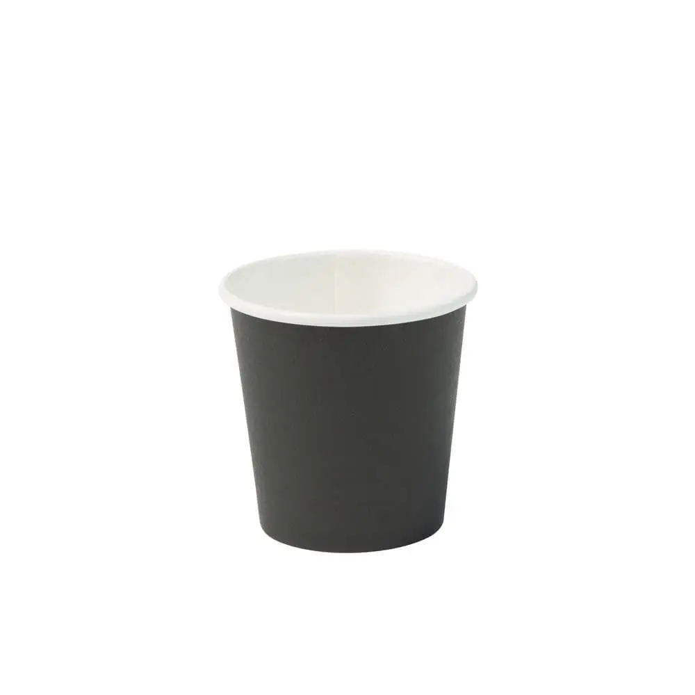 Gobelet en papier noir à paroi simple, 100 ml, avec revêtement PLA, intérieur blanc, conçu pour les boissons chaudes et froides.