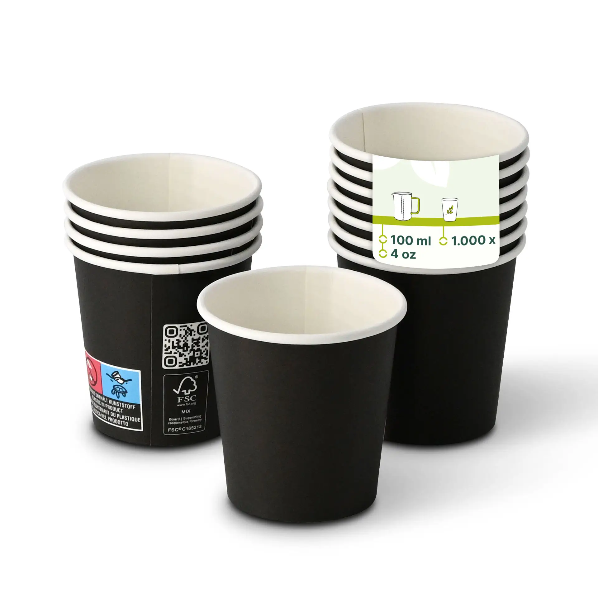 Gobelet en papier noir à paroi simple, 100 ml, avec revêtement PLA, intérieur blanc, conçu pour les boissons chaudes et froides.