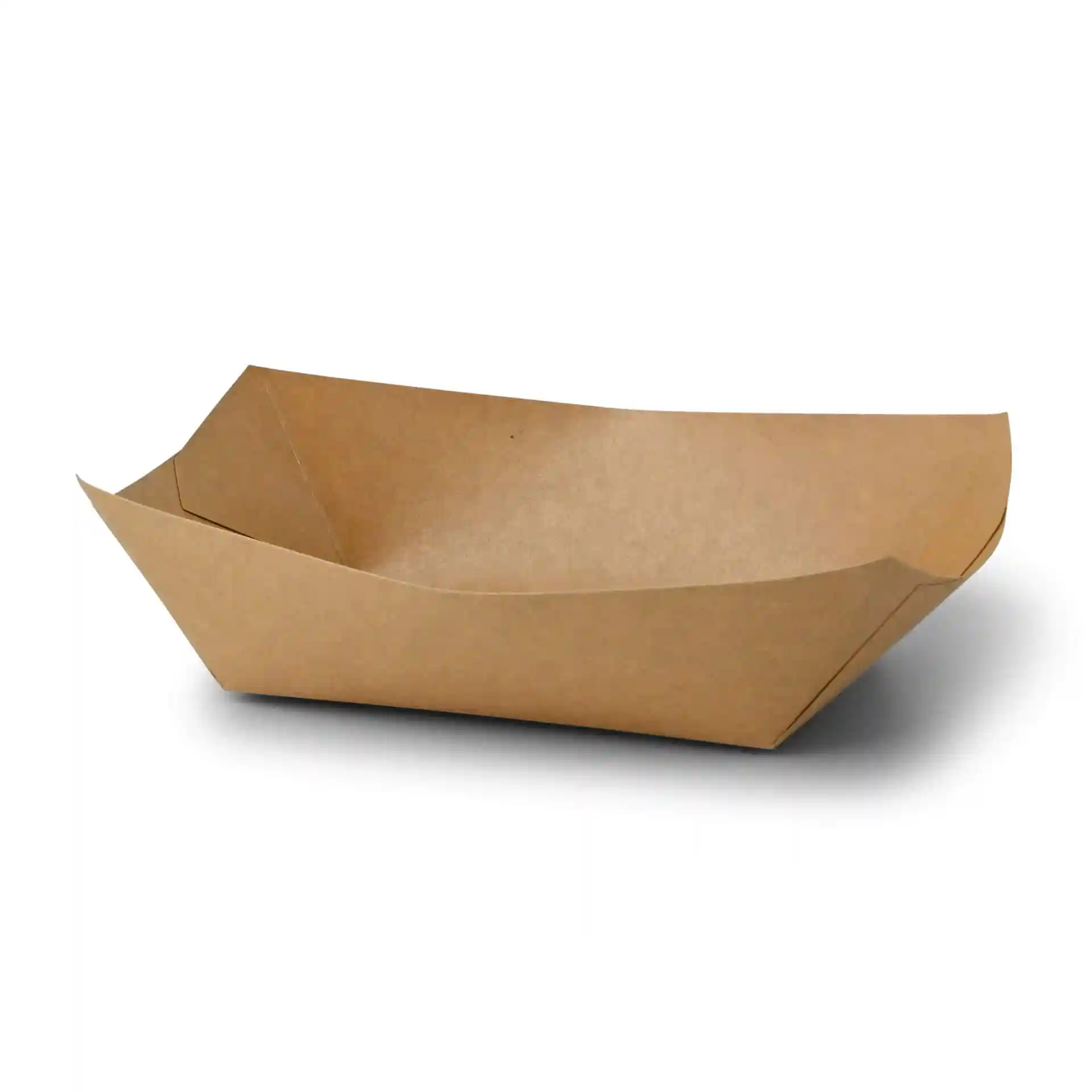 Plateau à snacks en carton brun de dimensions 21,5 x 16 x 5,5 cm, avec un design peu profond et ouvert.