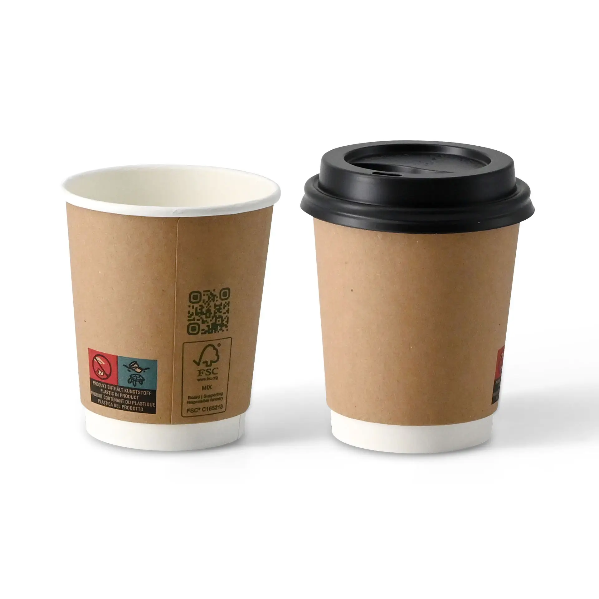 Tasse à café double paroi marron avec intérieur blanc, l'une avec un couvercle noir, capacité de 200 ml.