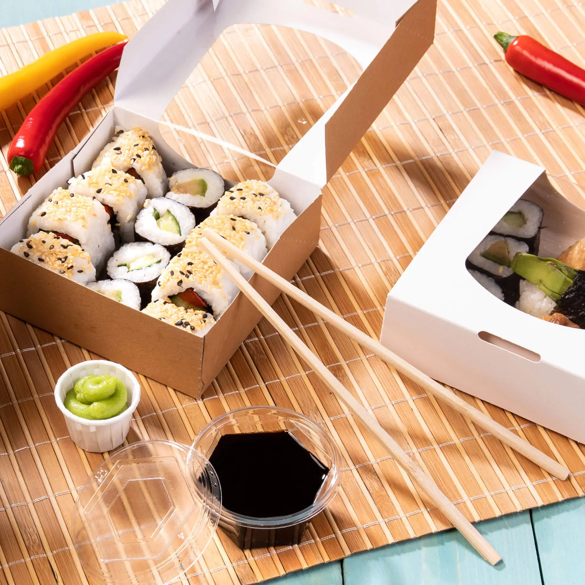 Baguettes en bambou à côté de sushi dans une boîte à emporter avec sauce soja, wasabi et poivrons rouges et jaunes sur un tapis tissé.