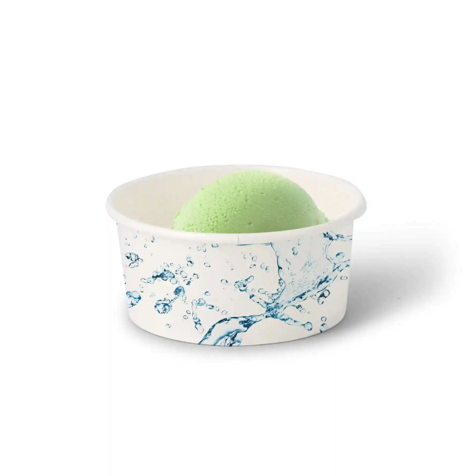 Gobelet rond blanc avec une boule de glace verte et un design d'éclaboussure d'eau à l'extérieur.