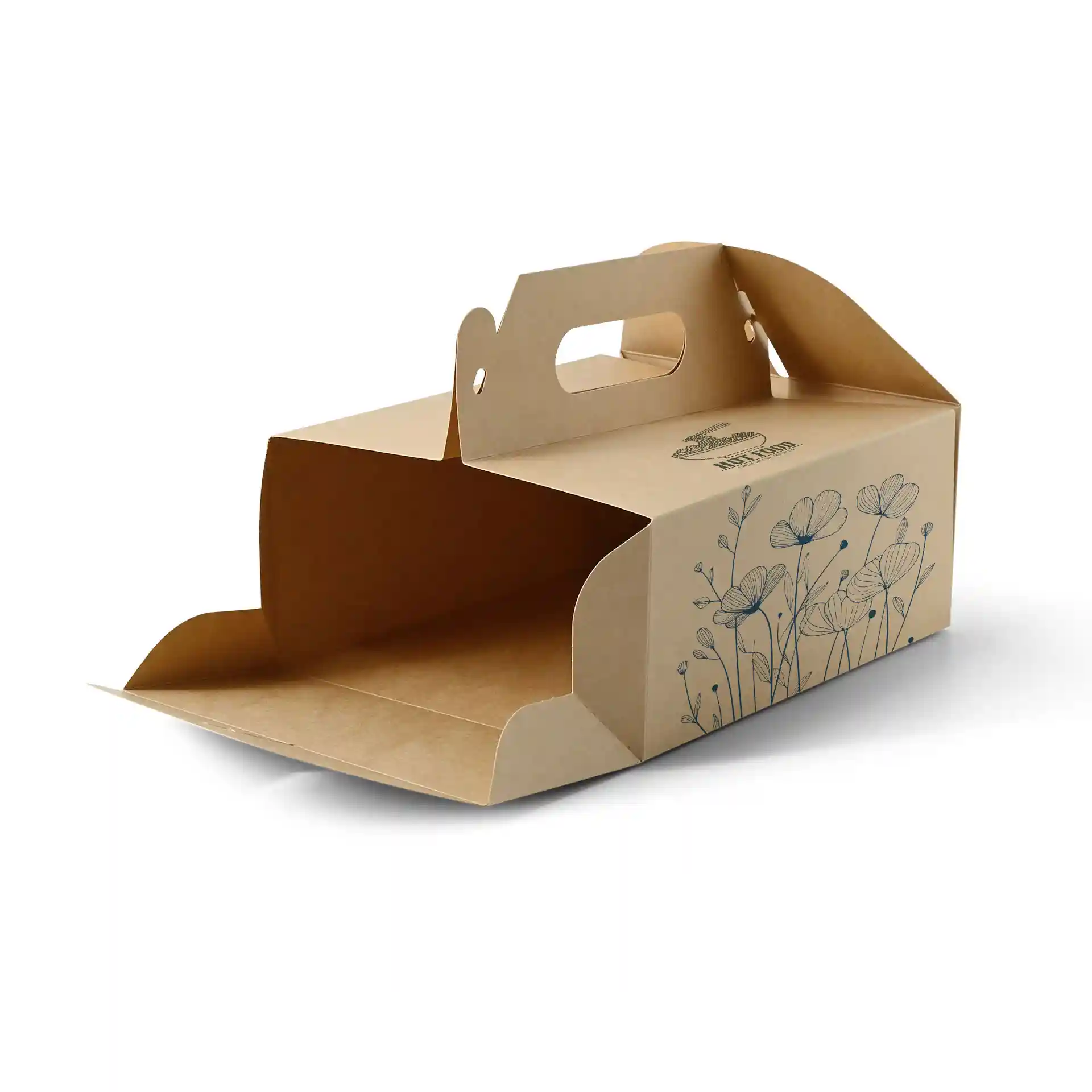 Boîte à gâteau en papier brun personnalisée avec poignée, ouverte à l'avant, avec un design floral sur un côté.