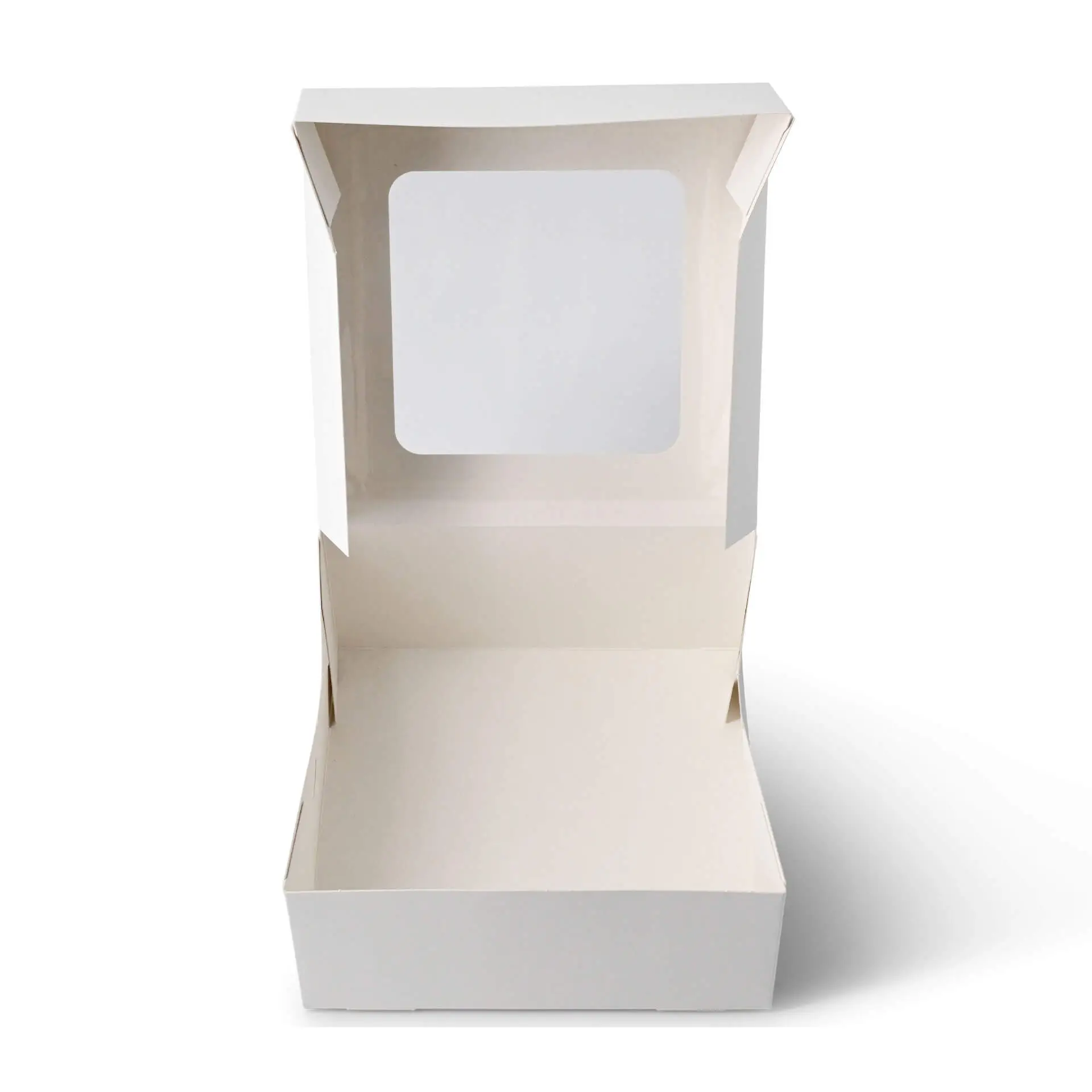Boîte à cupcakes blanche avec fenêtre en cellulose, conçue pour contenir quatre pâtisseries comme des muffins ou des brownies.