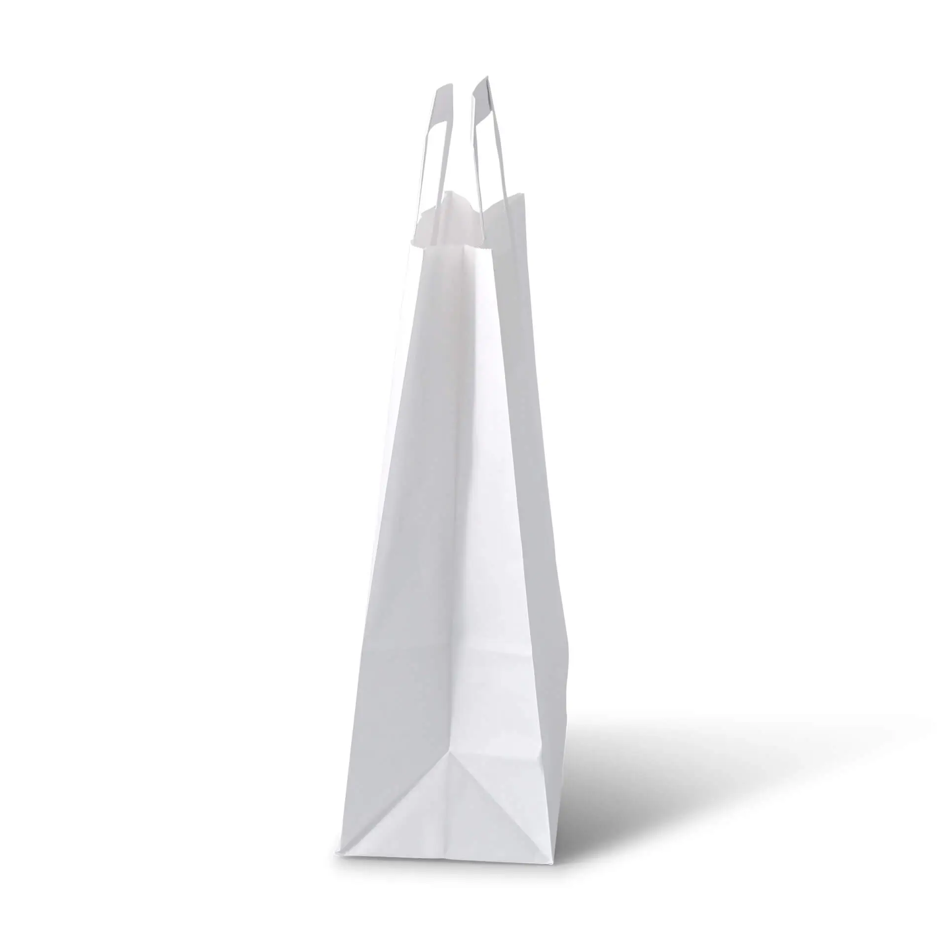 Sac en papier blanc vu de côté ; conçu pour les courses et les aliments, résistant aux déchirures avec un poids maximal de 2,5 kg.