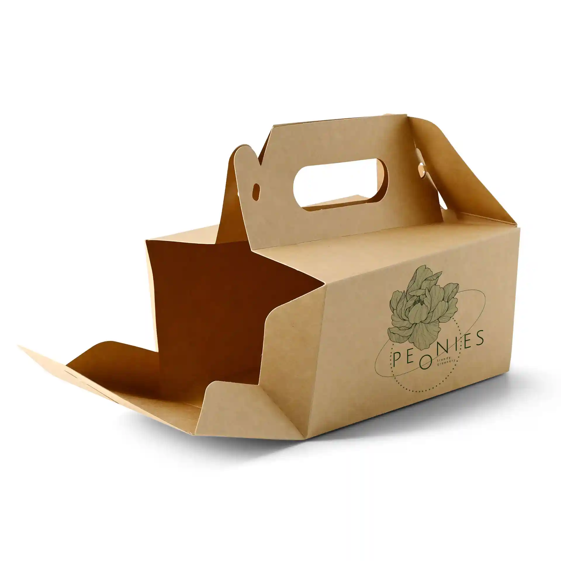 Boîte à gâteau en carton brun personnalisée avec poignée, dimensions 18 x 11 x 9 cm, partiellement ouverte montrant l'intérieur.