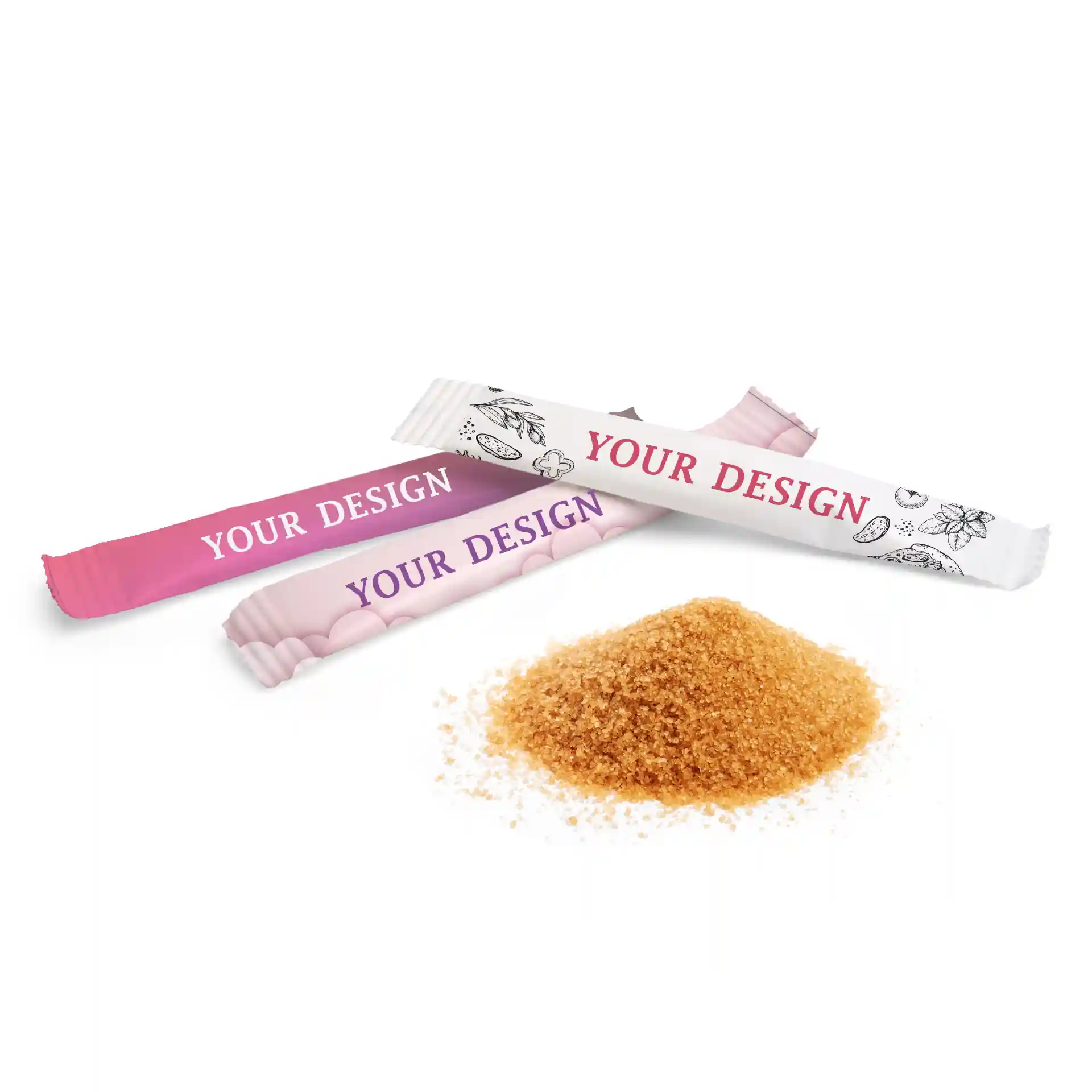 Image de trois bâtonnets de sucre avec un tas de sucre de canne bio brun. Les bâtonnets sont conçus avec le texte "VOTRE DESIGN".