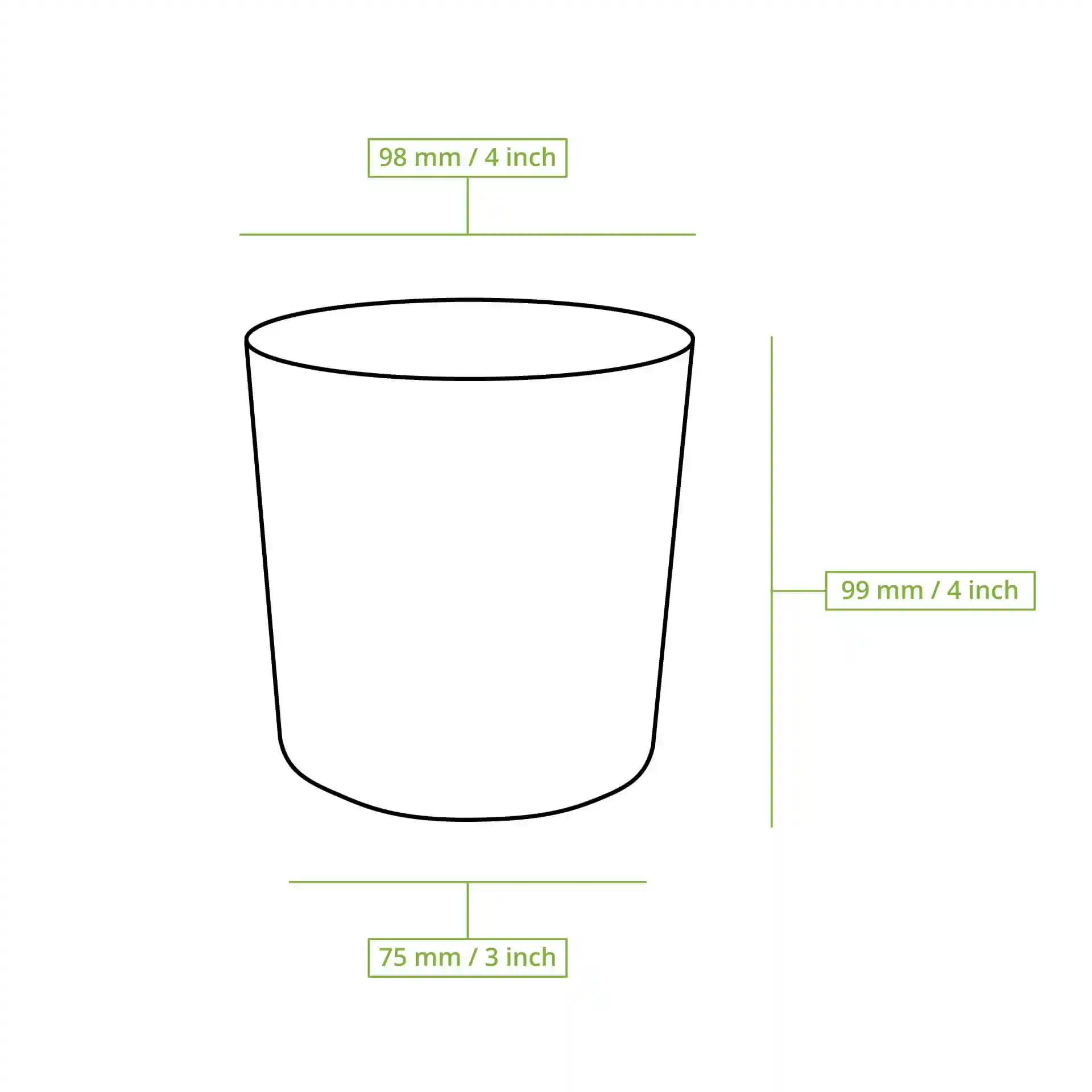 Dessin schématique d'un gobelet rond avec dimensions : hauteur 100 mm, diamètre supérieur 98 mm, diamètre inférieur 75 mm.
