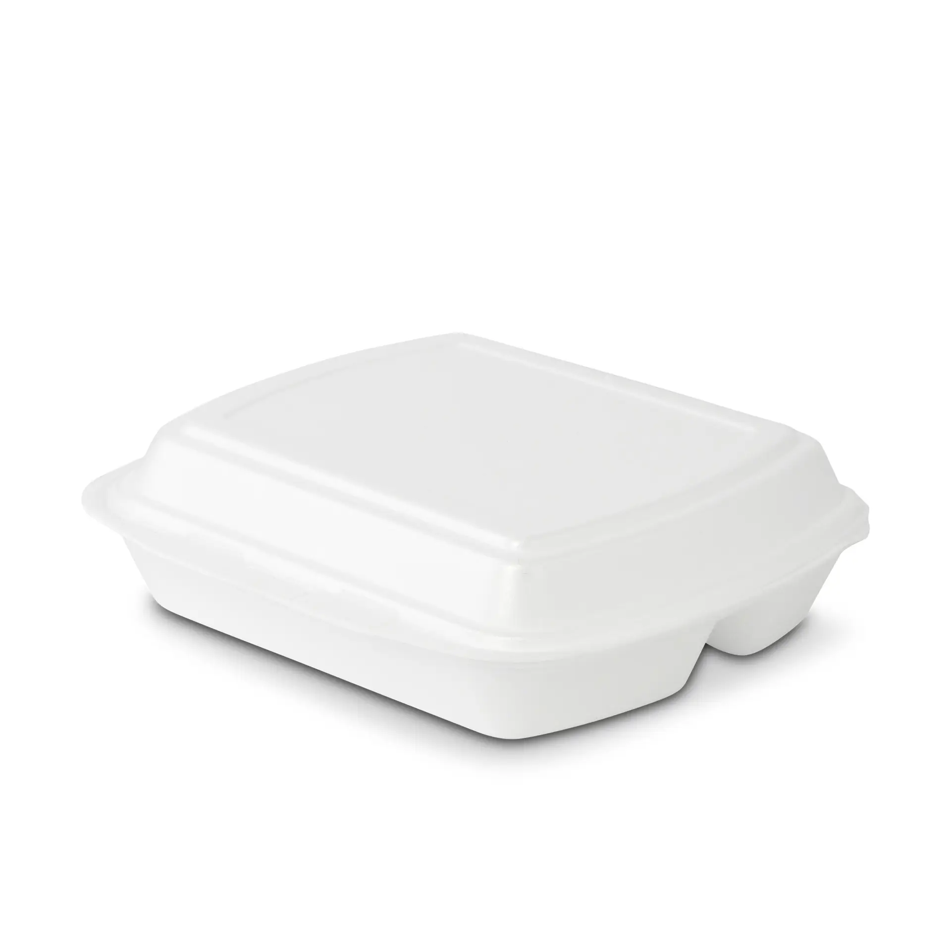 Contenant alimentaire jetable blanc avec couvercle articulé, adapté pour les plats à emporter et les restes.
