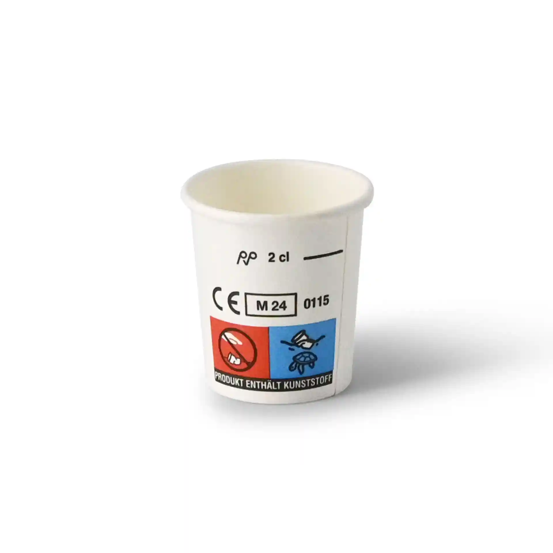 Gobelet blanc d'une capacité de 20 ml, avec une étiquette bleue et rouge comportant des symboles et des marquages.