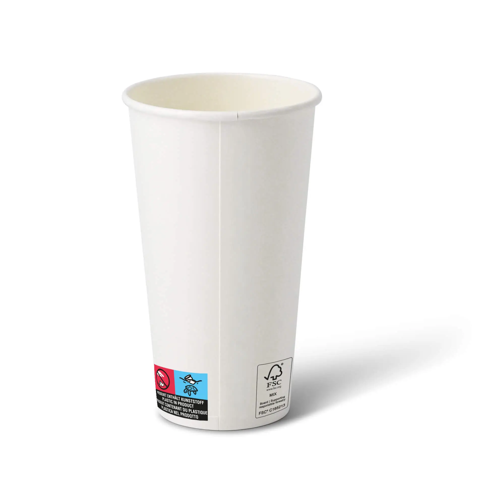 Gobelet en papier blanc de 20 oz avec une forme ronde et un revêtement, montrant une étiquette avec des symboles sur le côté.